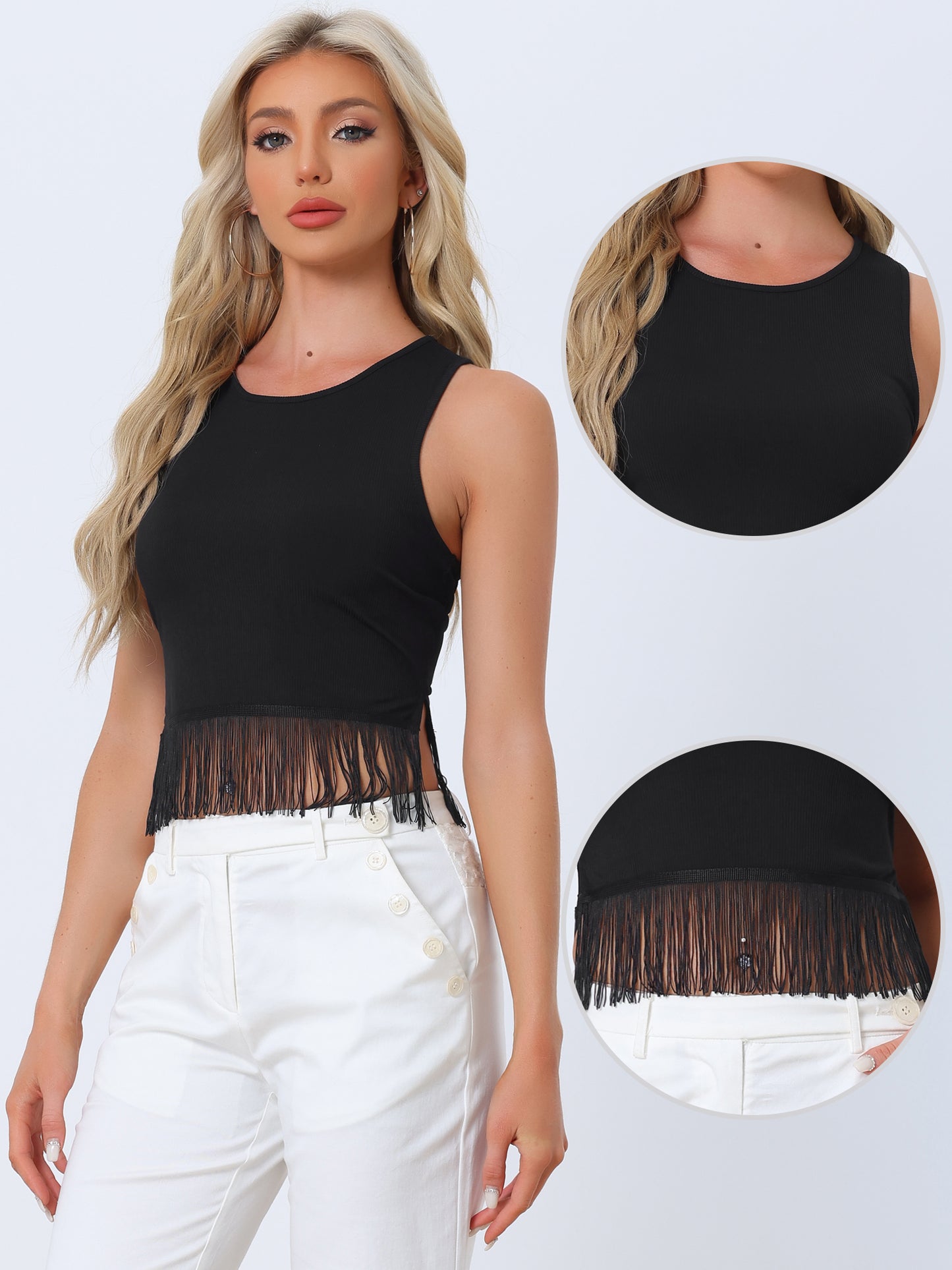 Women's Fringe Tank Top Casual Sleeveless Tassel Racerback Ribbed Knit Crop Top