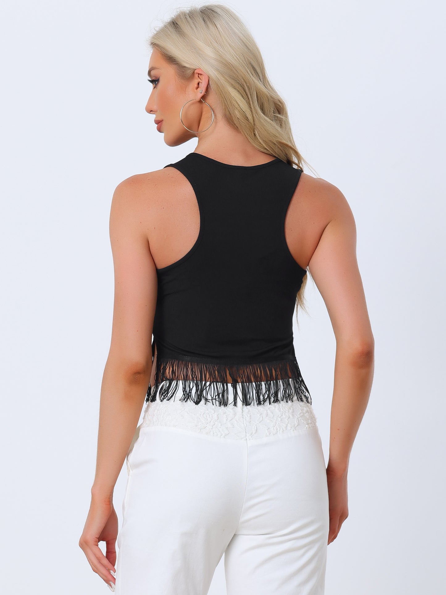 Women's Fringe Tank Top Casual Sleeveless Tassel Racerback Ribbed Knit Crop Top