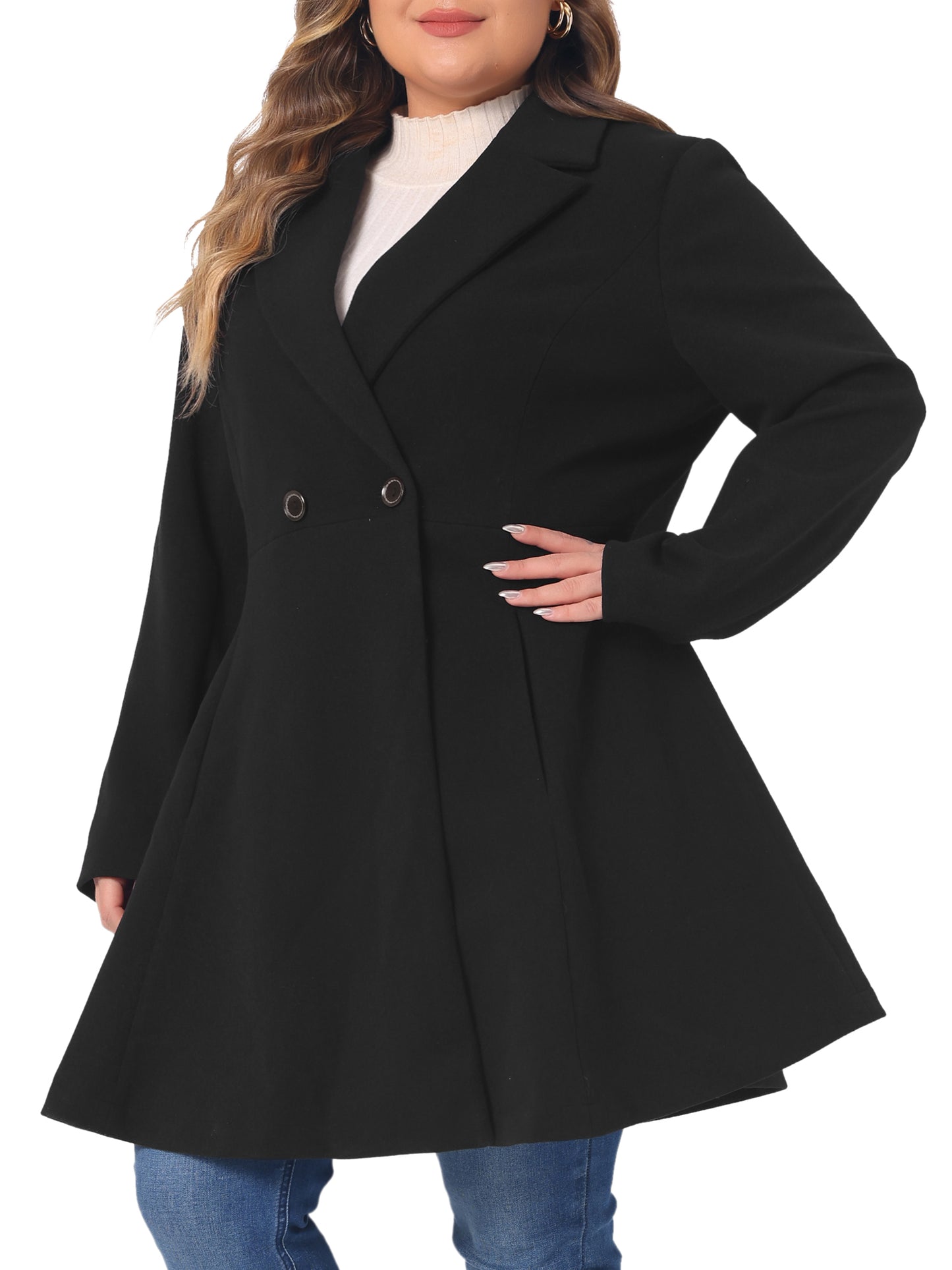 Women Plus Size Peacoat Elegant A Line Notched Lapel Double Breasted Long Coat