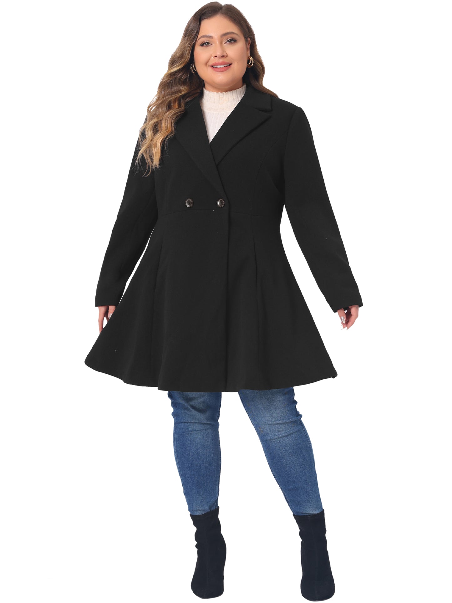 Women Plus Size Peacoat Elegant A Line Notched Lapel Double Breasted Long Coat