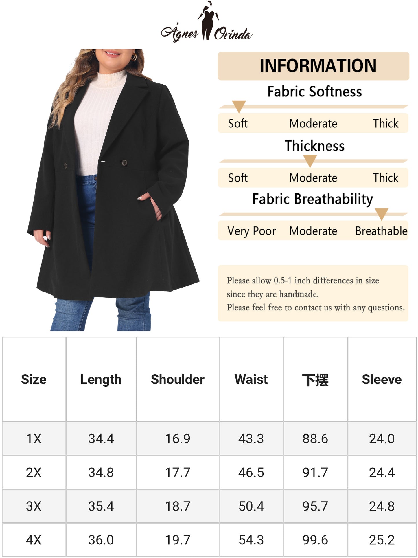 Women Plus Size Peacoat Elegant A Line Notched Lapel Double Breasted Long Coat
