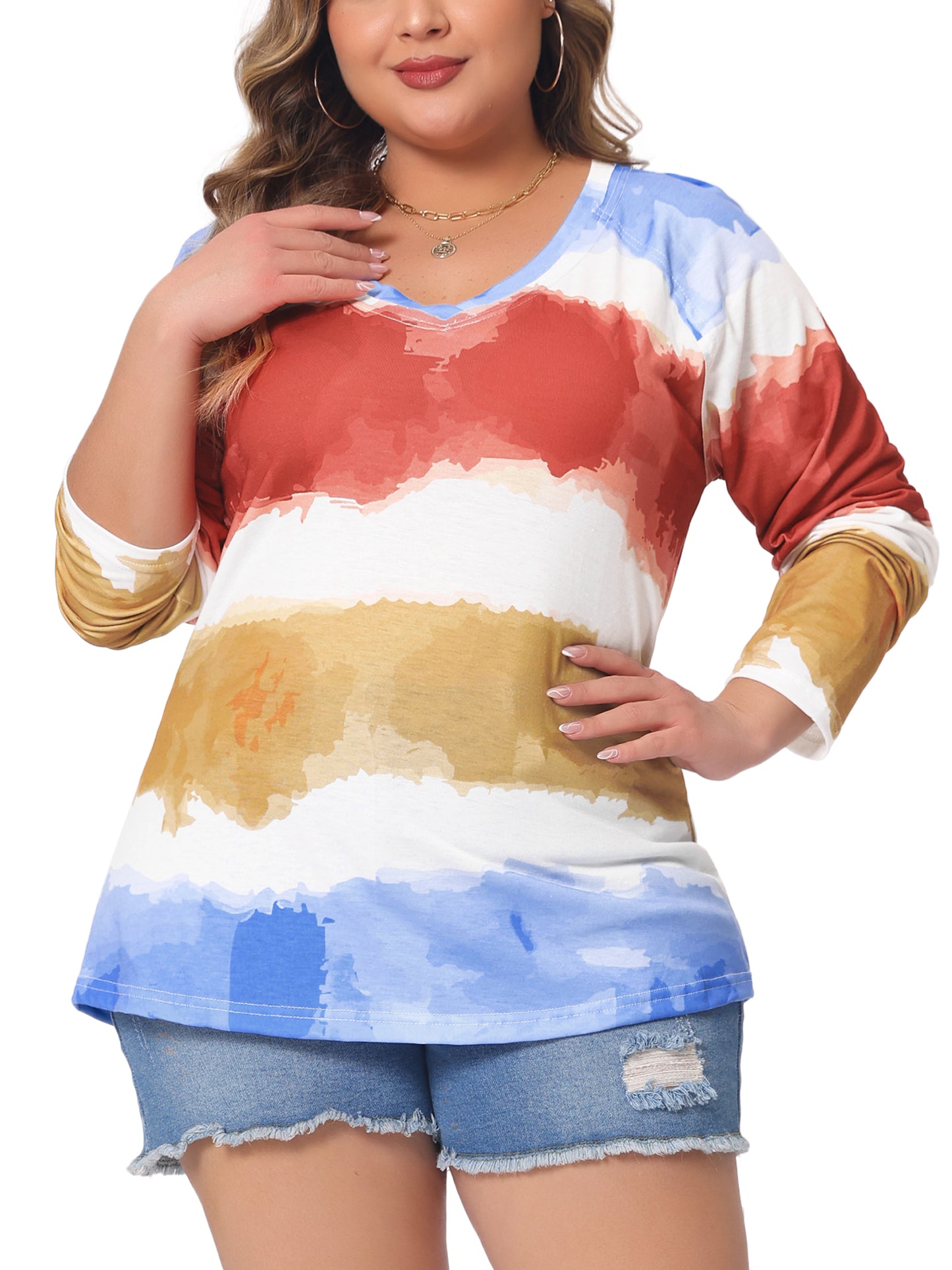 Women Plus Size Top Casual V Neck Tie Dye Summer T-Shirt