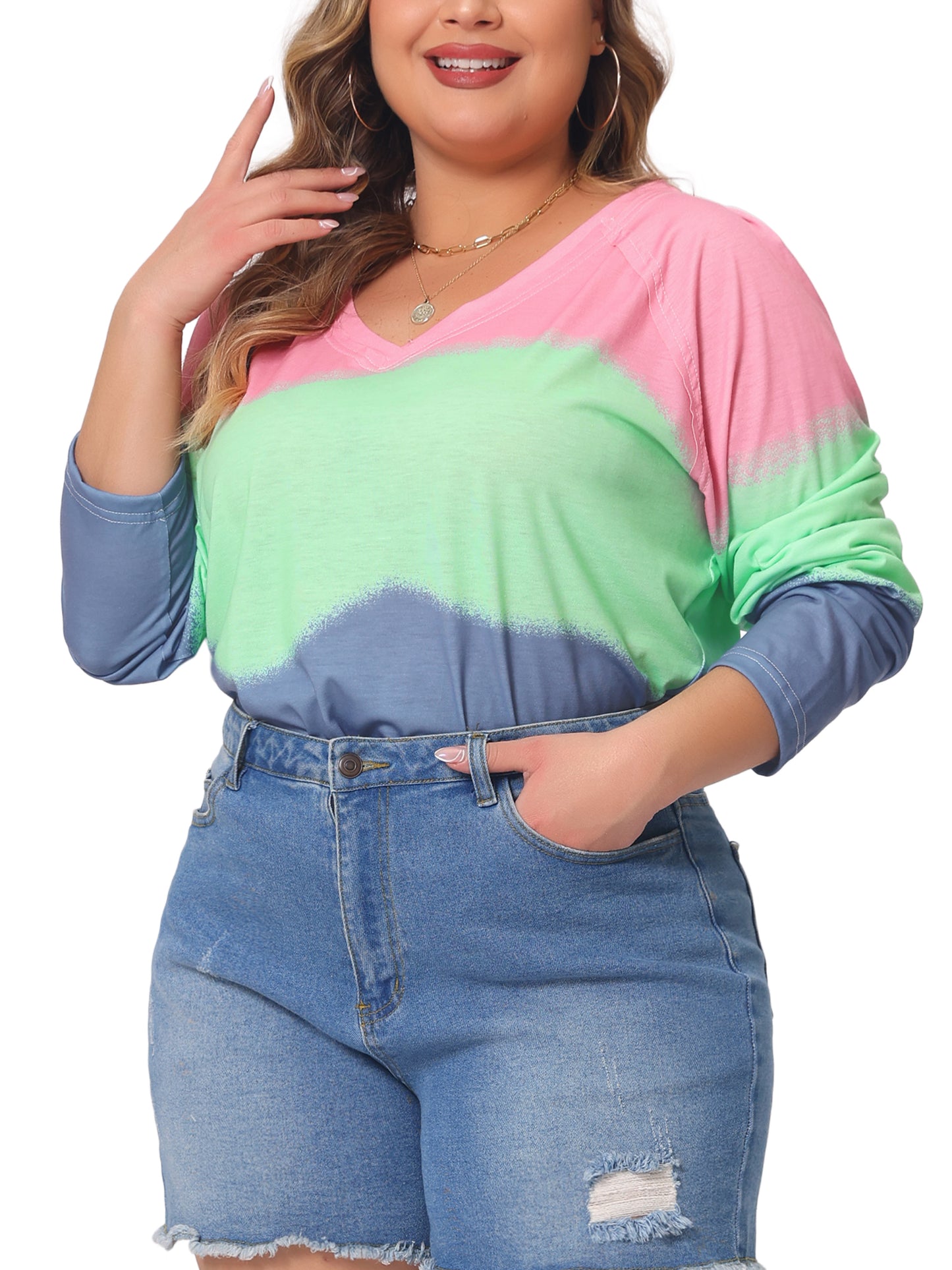 Women Plus Size Top Casual V Neck Tie Dye Summer T-Shirt