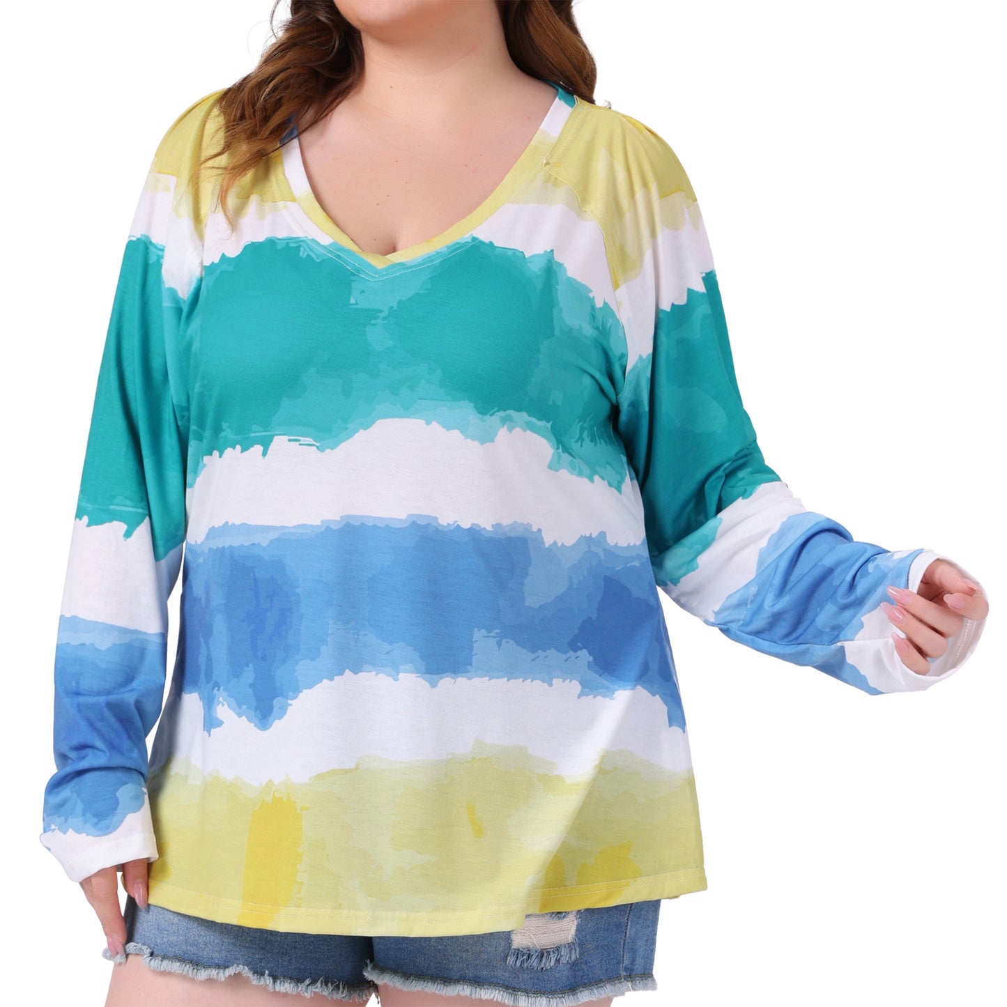Women Plus Size Top Casual V Neck Tie Dye Summer T-Shirt