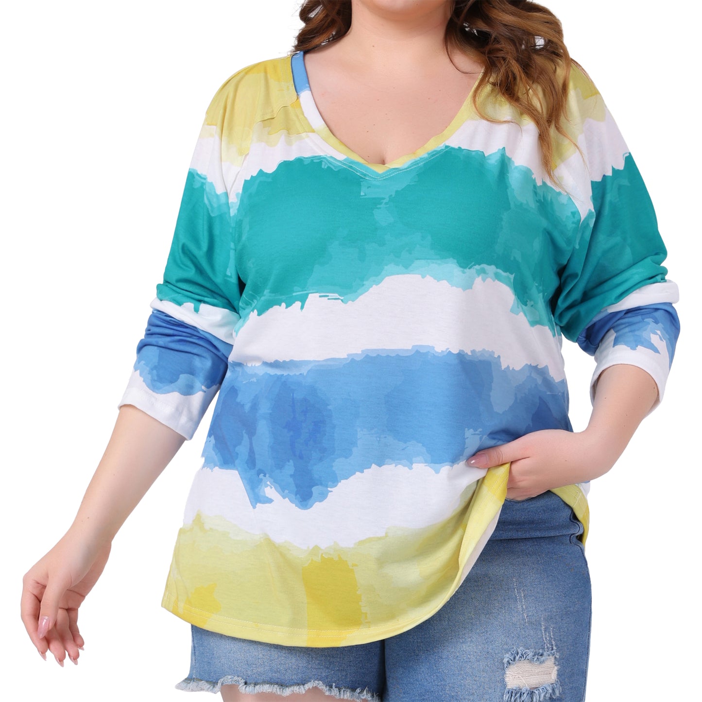 Women Plus Size Top Casual V Neck Tie Dye Summer T-Shirt