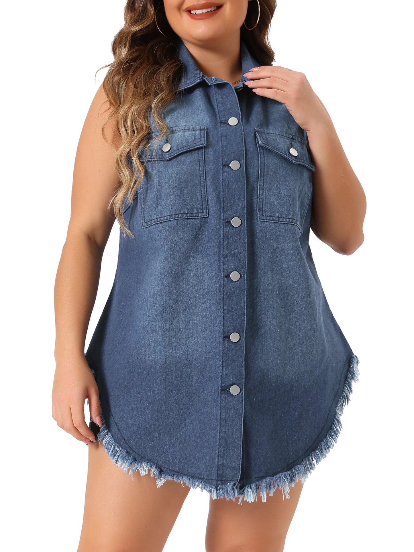 Women's Plus Size Button Up Frayed Hem Shacket Sleeveless Denim Jean Jacket Vest