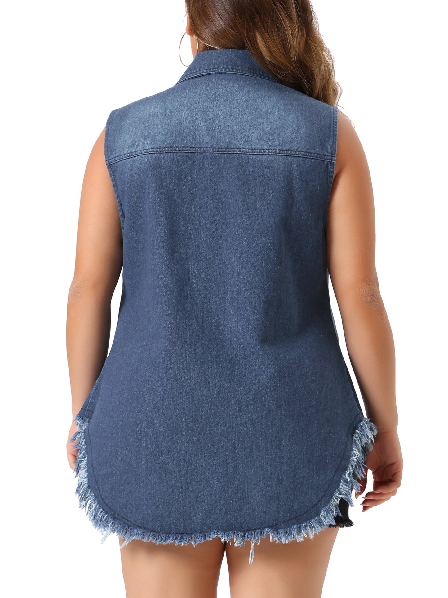 Women's Plus Size Button Up Frayed Hem Shacket Sleeveless Denim Jean Jacket Vest