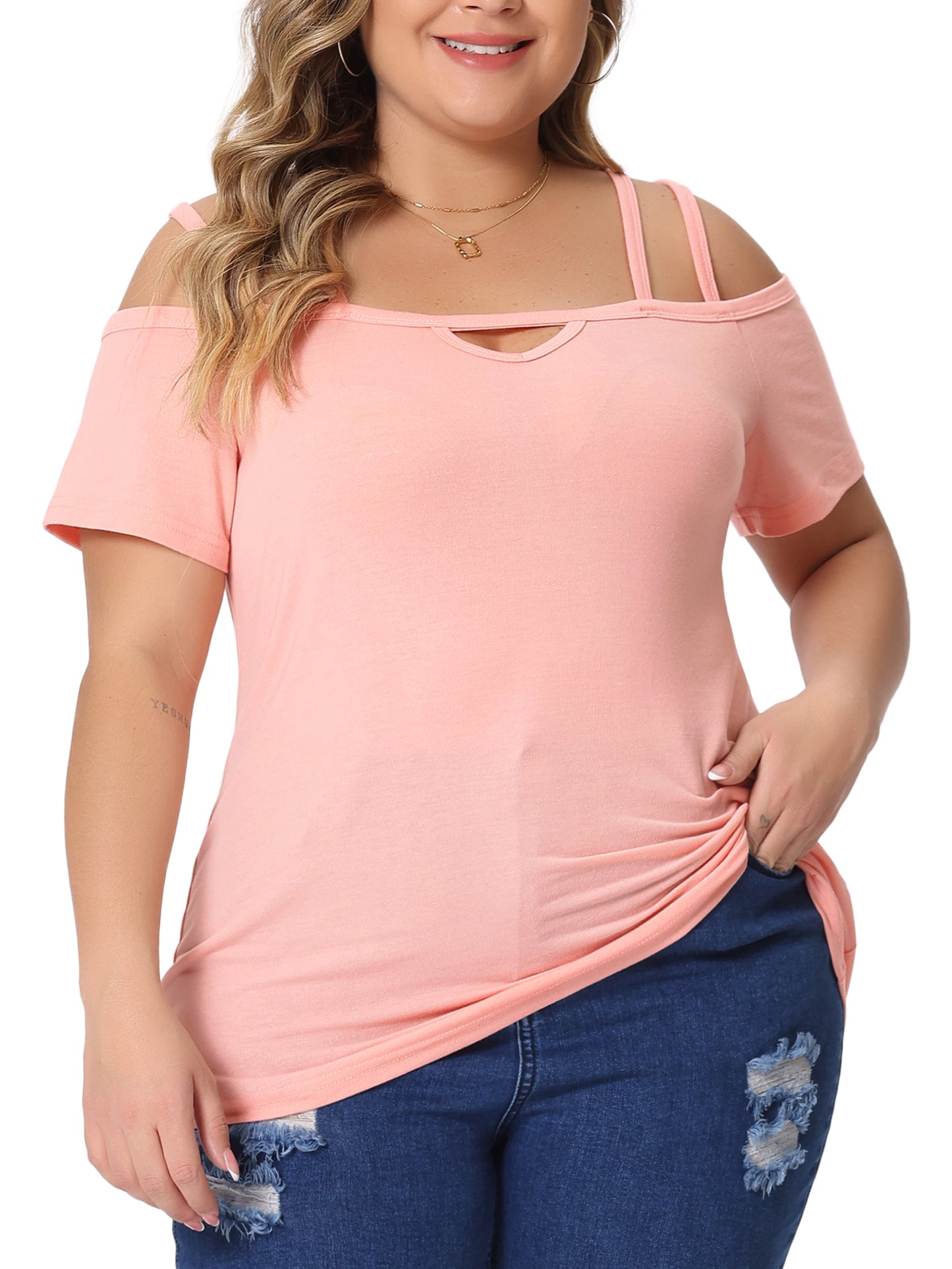 Top de talla grande para mujer, con hombros descubiertos, sexy, con cortes, manga corta, cruzado, informal, de verano