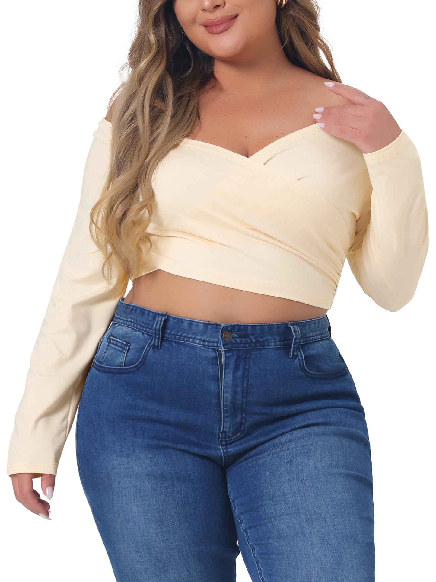 Women Plus Size Off Shoulder Top Long Sleeve Cross Wrap V Neck Casual Crop Top