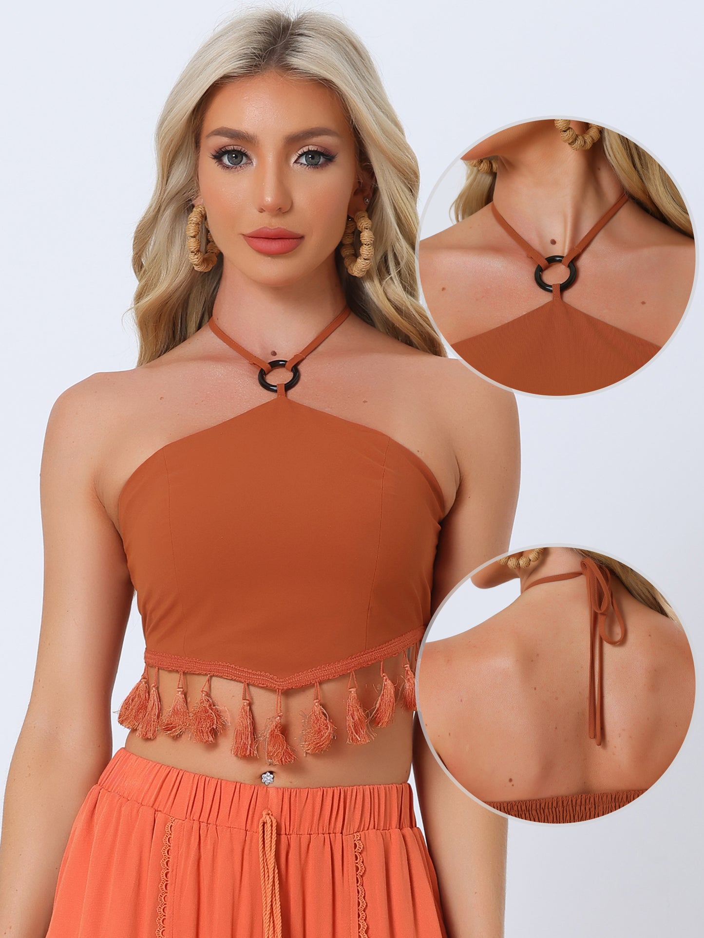 Women's Crochet Fringe Top Keyhloe Halter Smocked Boho Backless Cami Summer Crop Top