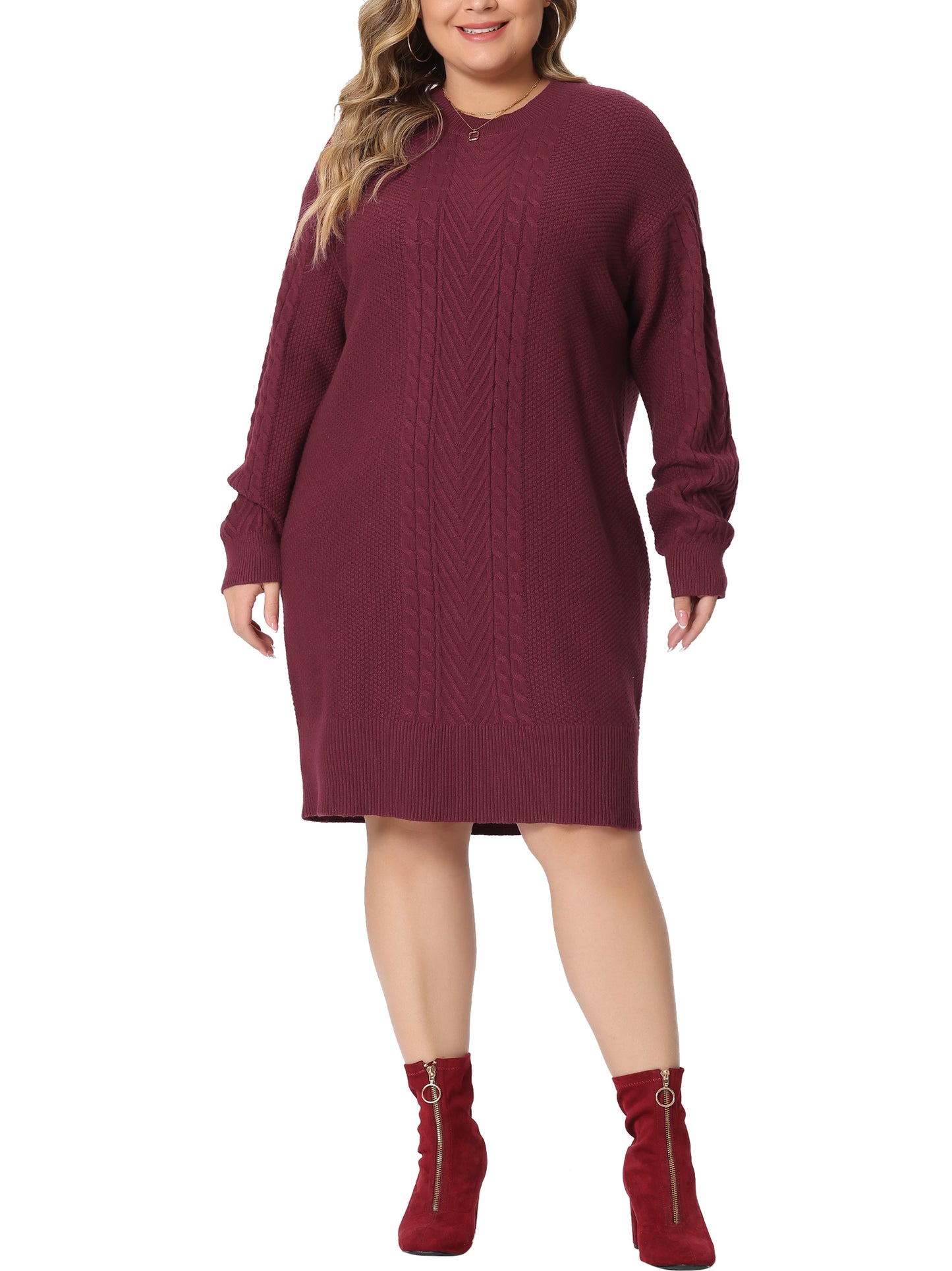 Women Plus Size Fall Crewneck Long Sleeve Knit Tunic Pullover Short Sweater Dress