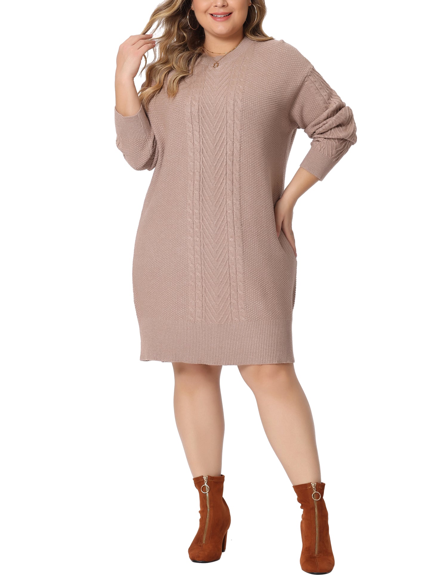 Women Plus Size Fall Crewneck Long Sleeve Knit Tunic Pullover Short Sweater Dress