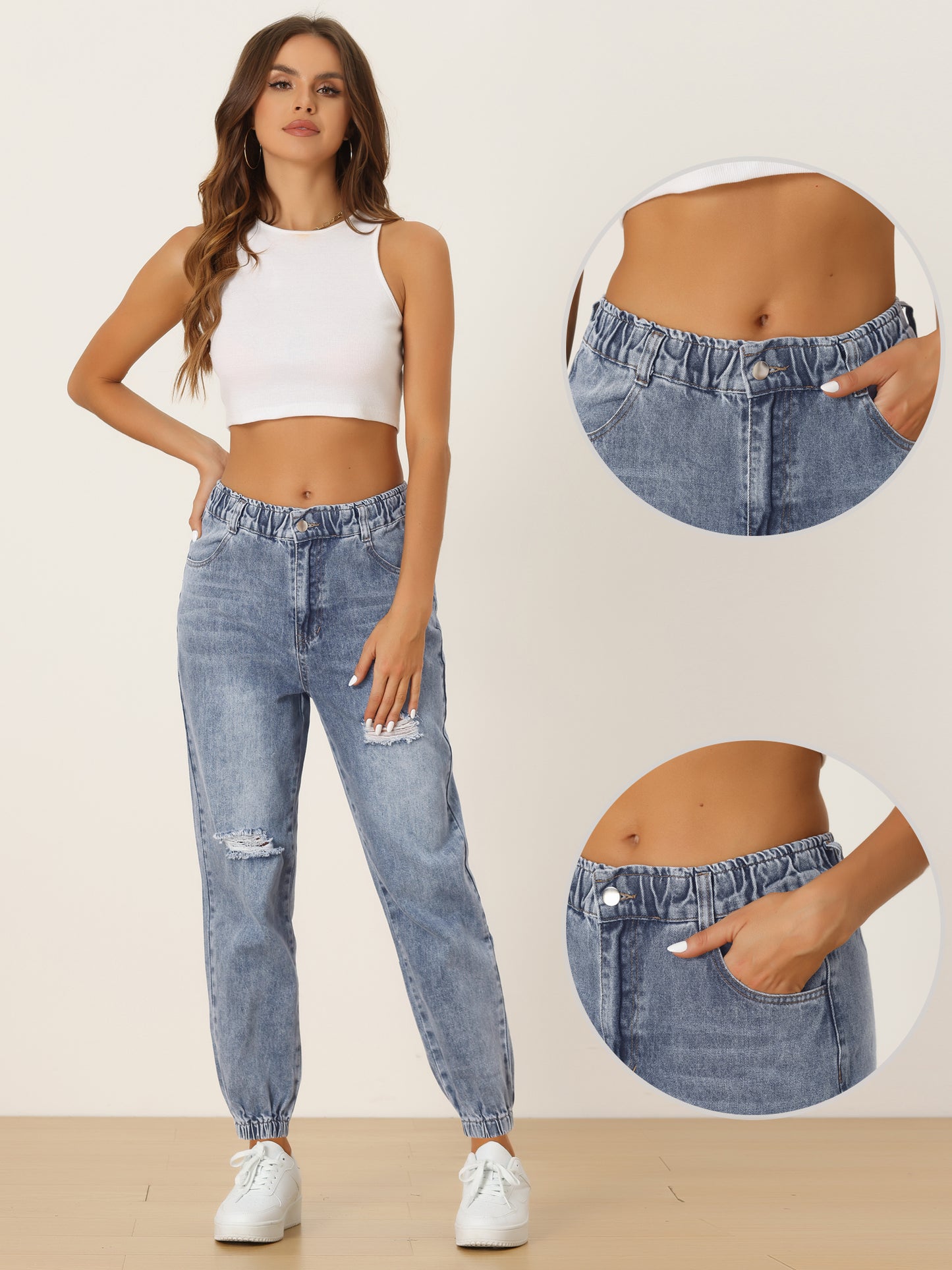 Women's Casual Ripped Distressed Cargo Denim Pants High Waisted Jogger Jeans