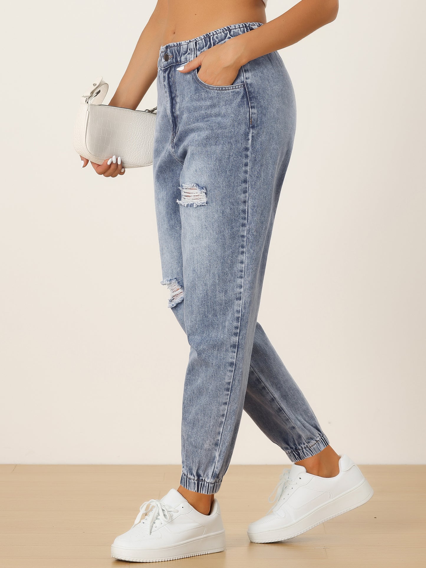 Women's Casual Ripped Distressed Cargo Denim Pants High Waisted Jogger Jeans