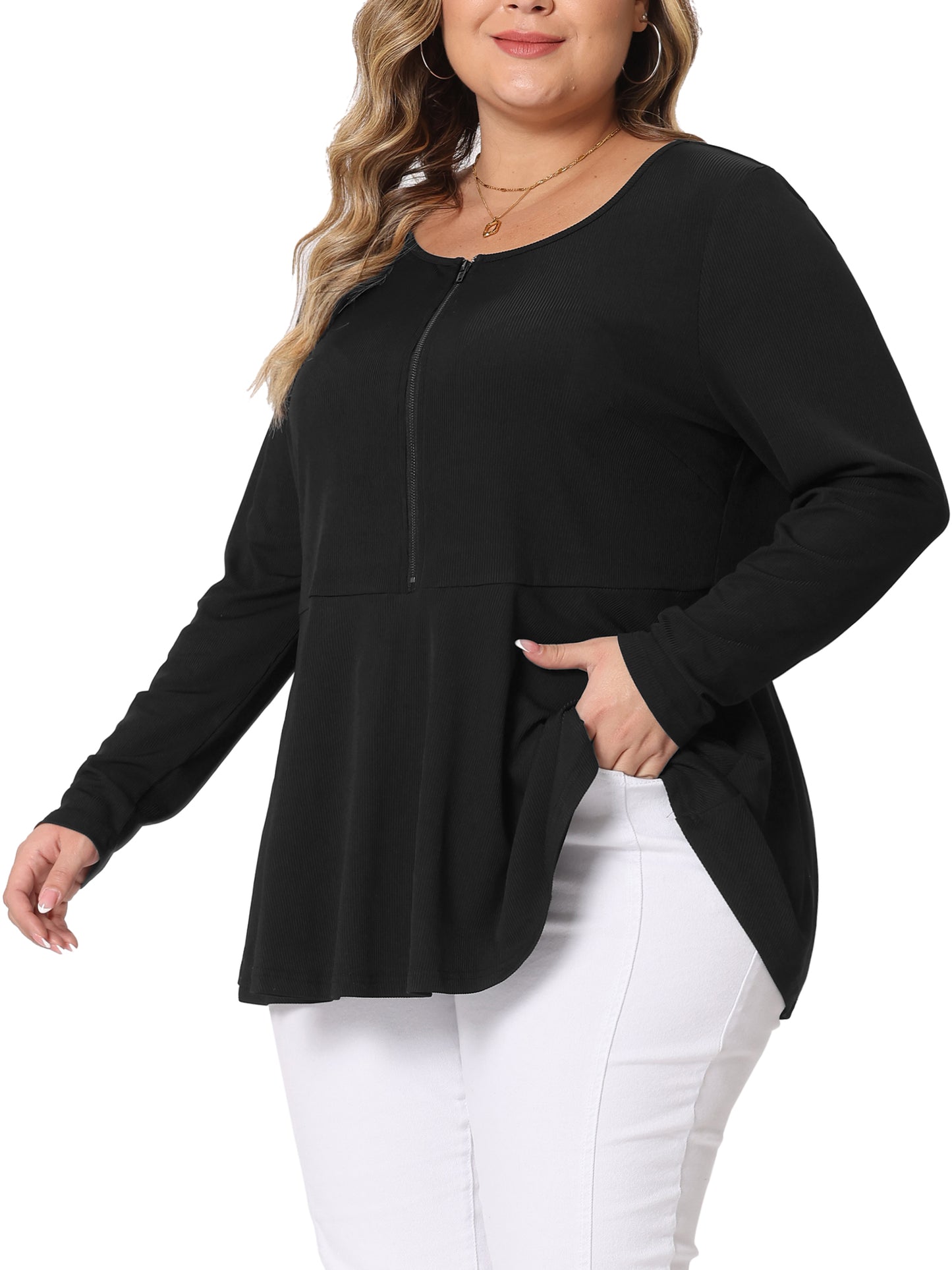 Women Plus Size Blouse Long Sleeve Half Zip Up Low Cut Ruffle Babydoll Peplum Top