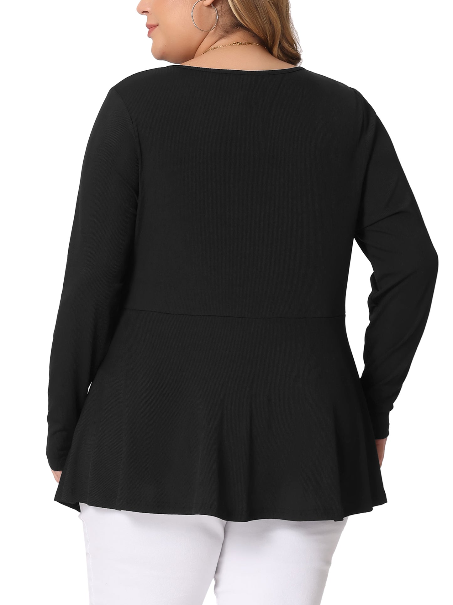 Women Plus Size Blouse Long Sleeve Half Zip Up Low Cut Ruffle Babydoll Peplum Top