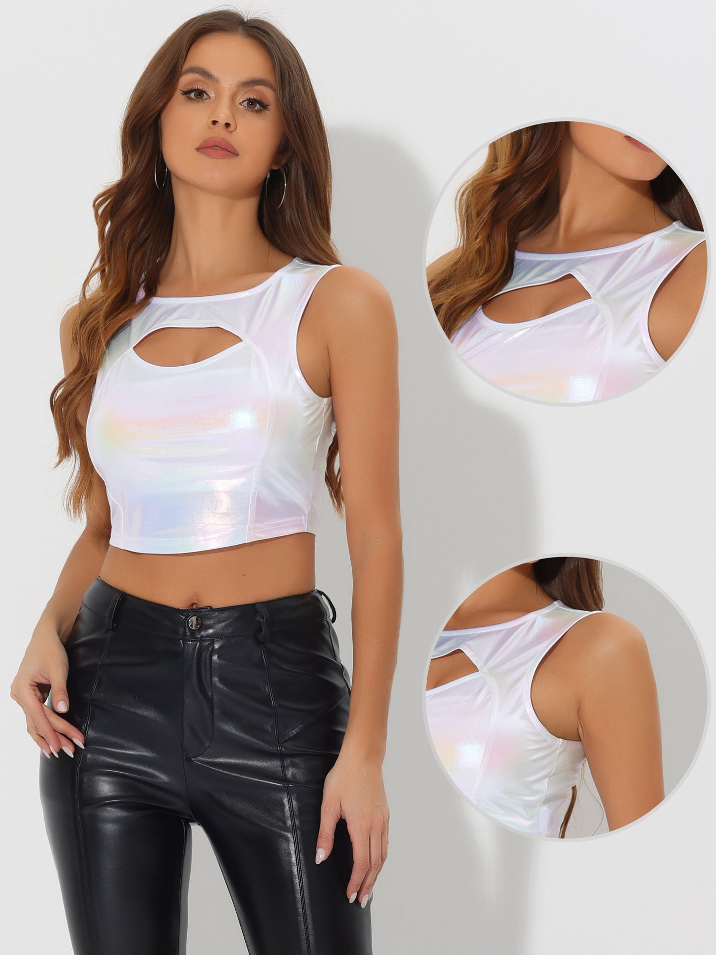 Women's Sleeveless Cut Out Party Clubwear Holographic Tank Metallic Crop Top