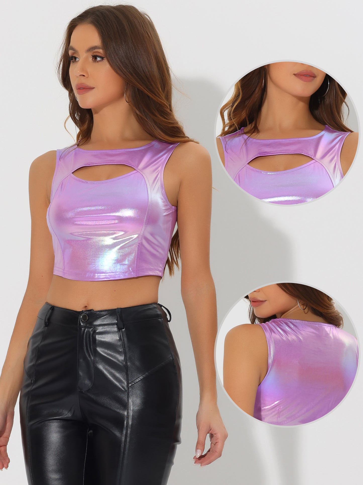 Women's Sleeveless Cut Out Party Clubwear Holographic Tank Metallic Crop Top
