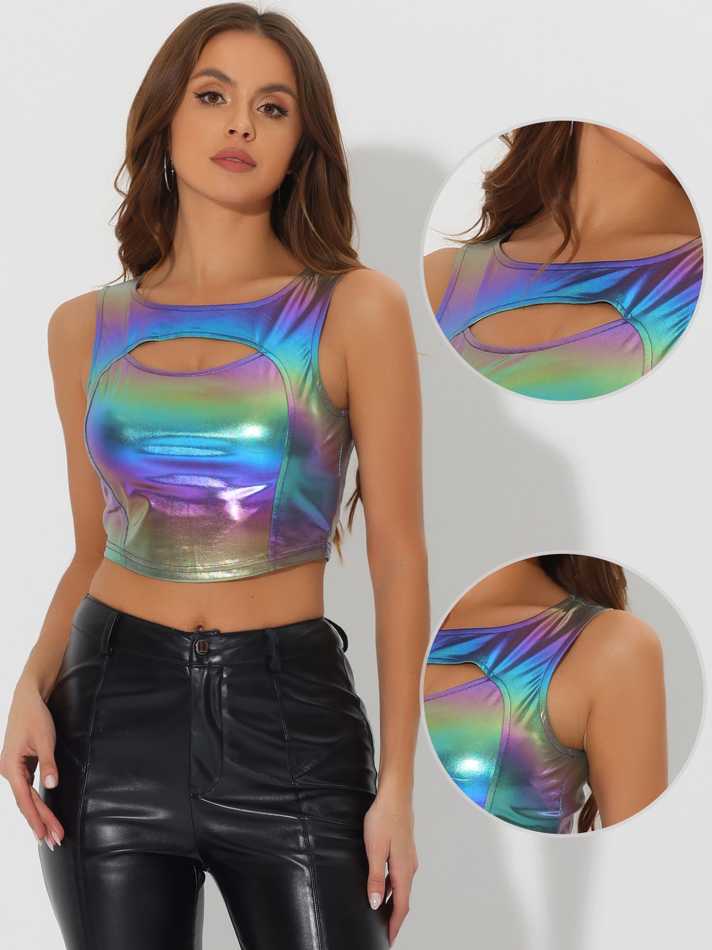 Women's Sleeveless Cut Out Party Clubwear Holographic Tank Metallic Crop Top