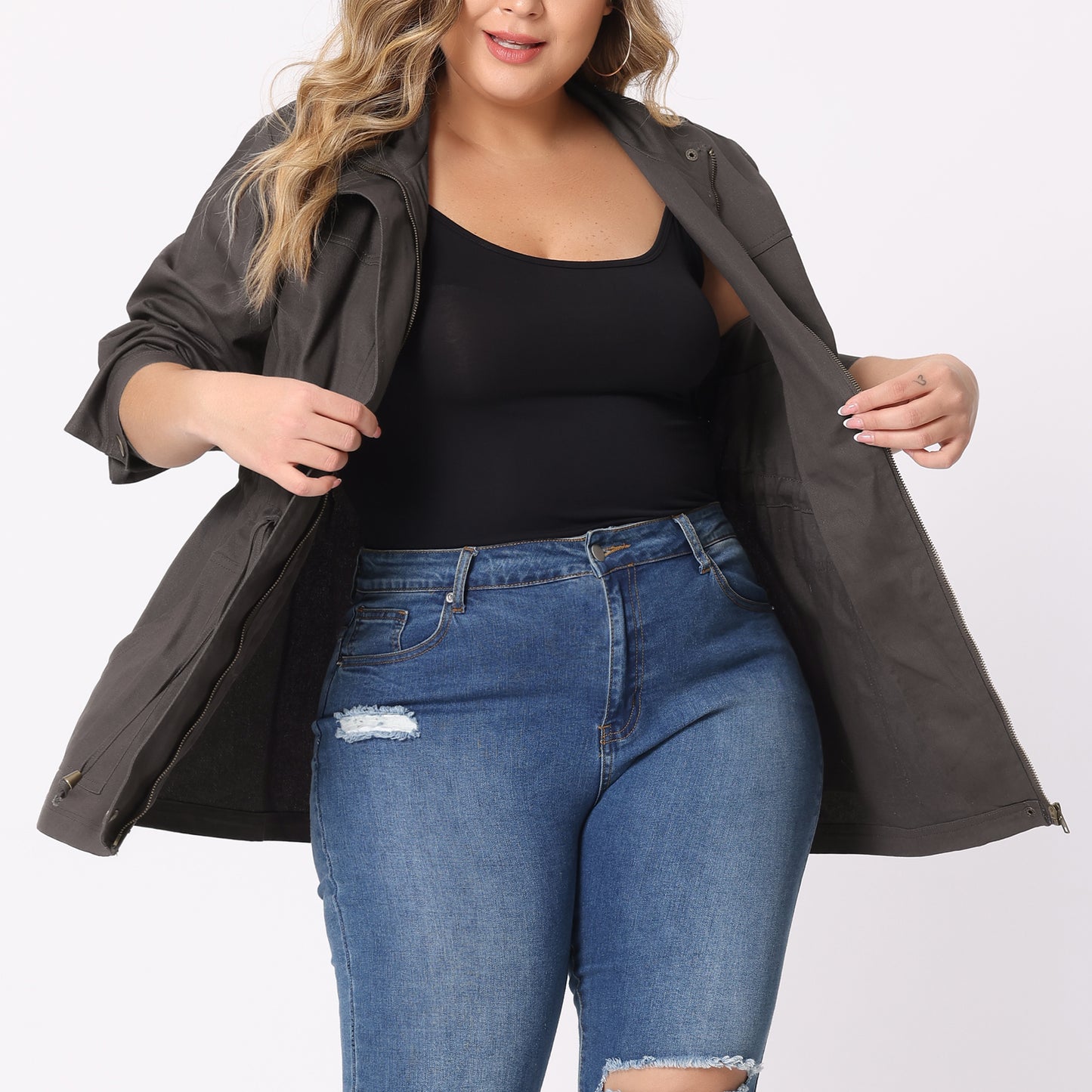 Women's Plus Size Jackets Lightweight Anorak Drawstring Utility Jacket with Pockets