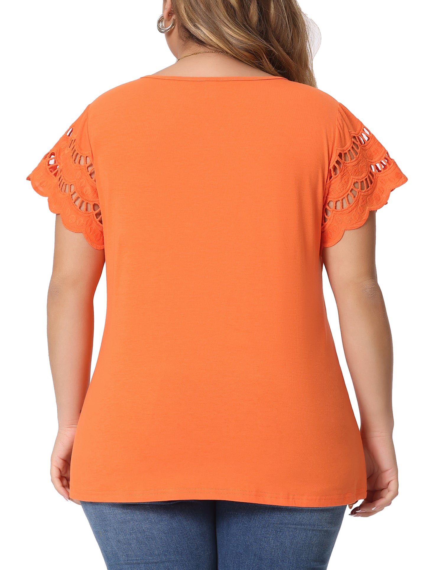 Women's Plus Size Top Round Neck Lace Panel Hollow Short Sleeve Elegant Summer Blouse