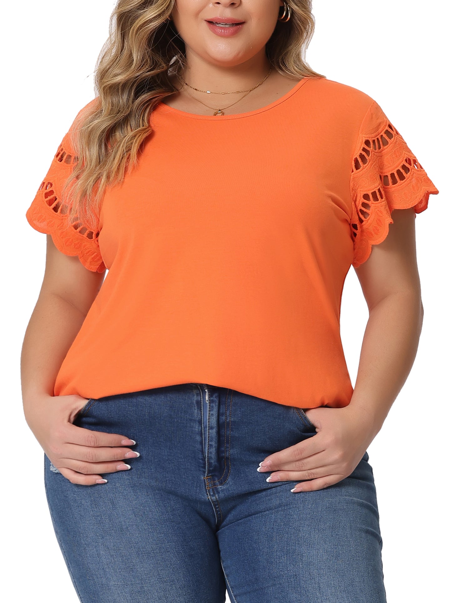 Women's Plus Size Top Round Neck Lace Panel Hollow Short Sleeve Elegant Summer Blouse