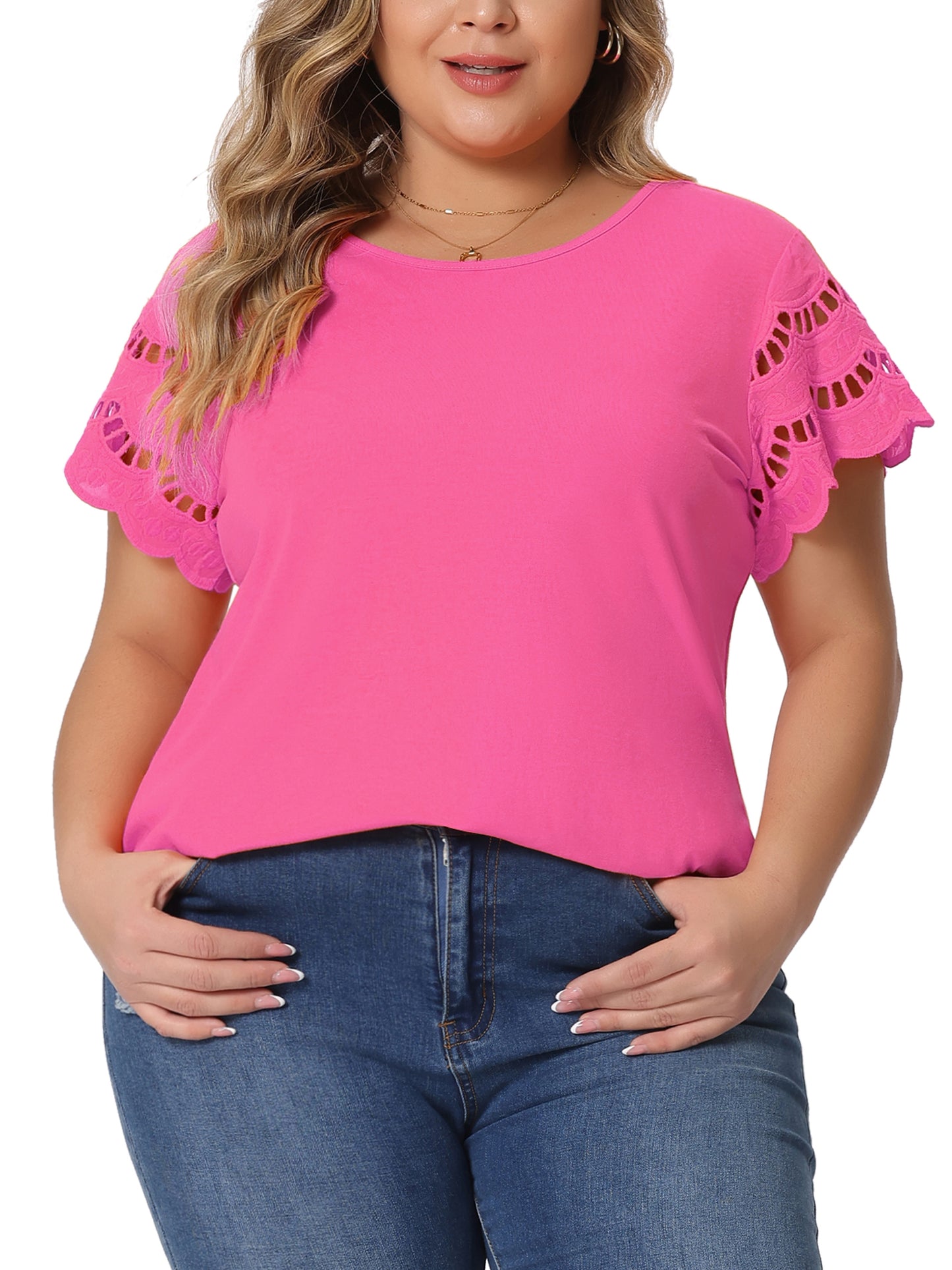 Women's Plus Size Top Round Neck Lace Panel Hollow Short Sleeve Elegant Summer Blouse