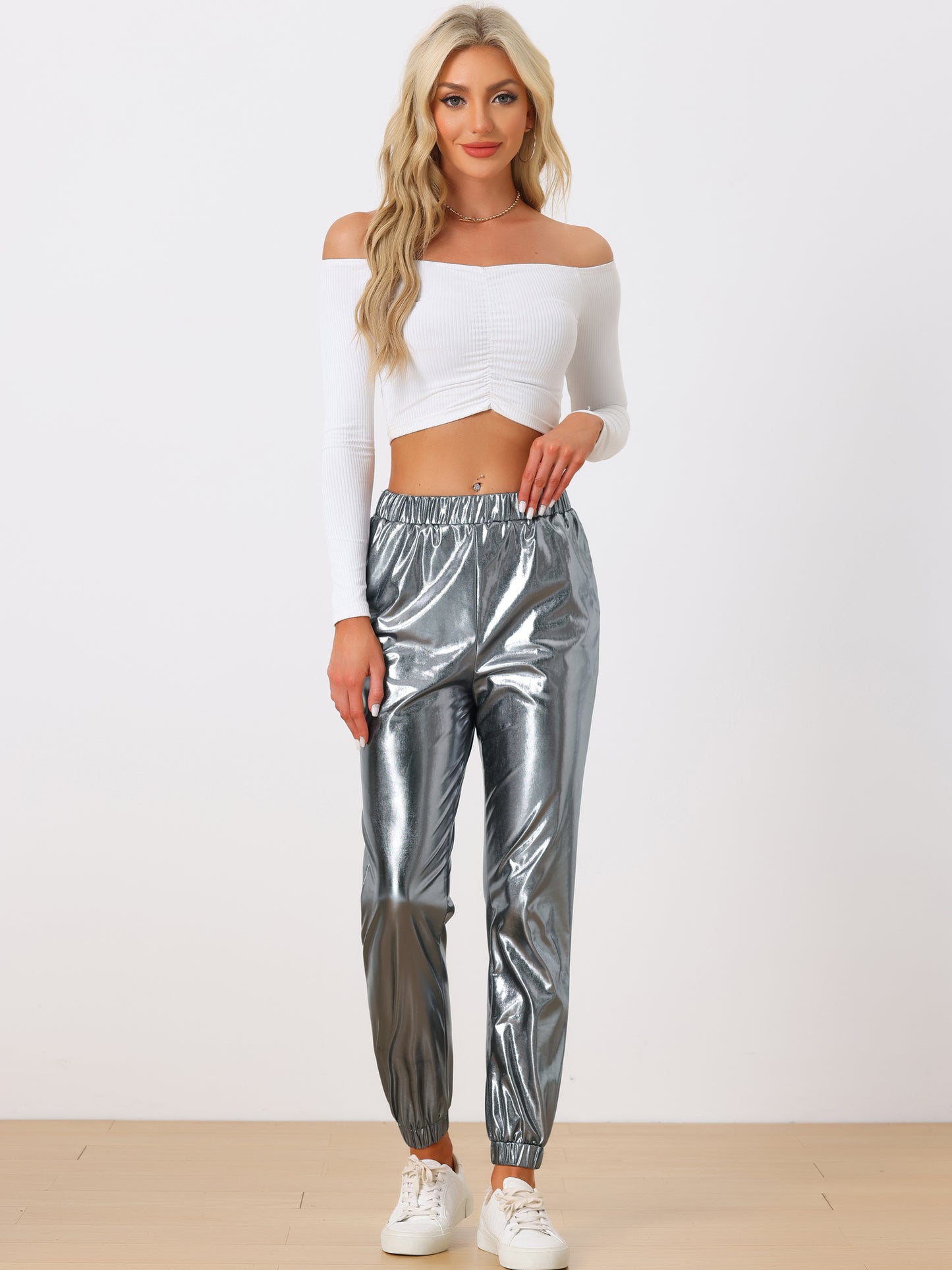 Women's Metallic Trousers Festive Shiny Sparkle Elastic Waist Holographic Pants