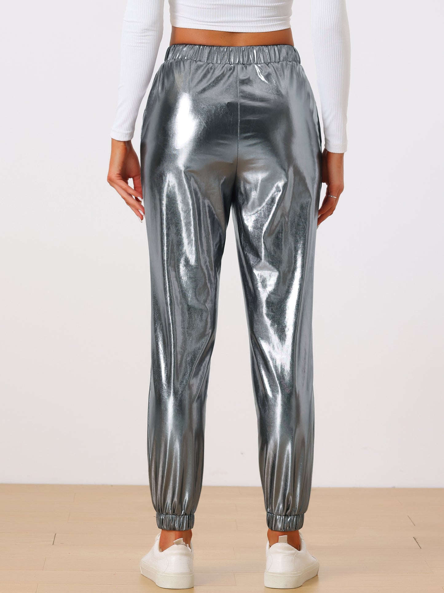 Women's Metallic Trousers Festive Shiny Sparkle Elastic Waist Holographic Pants