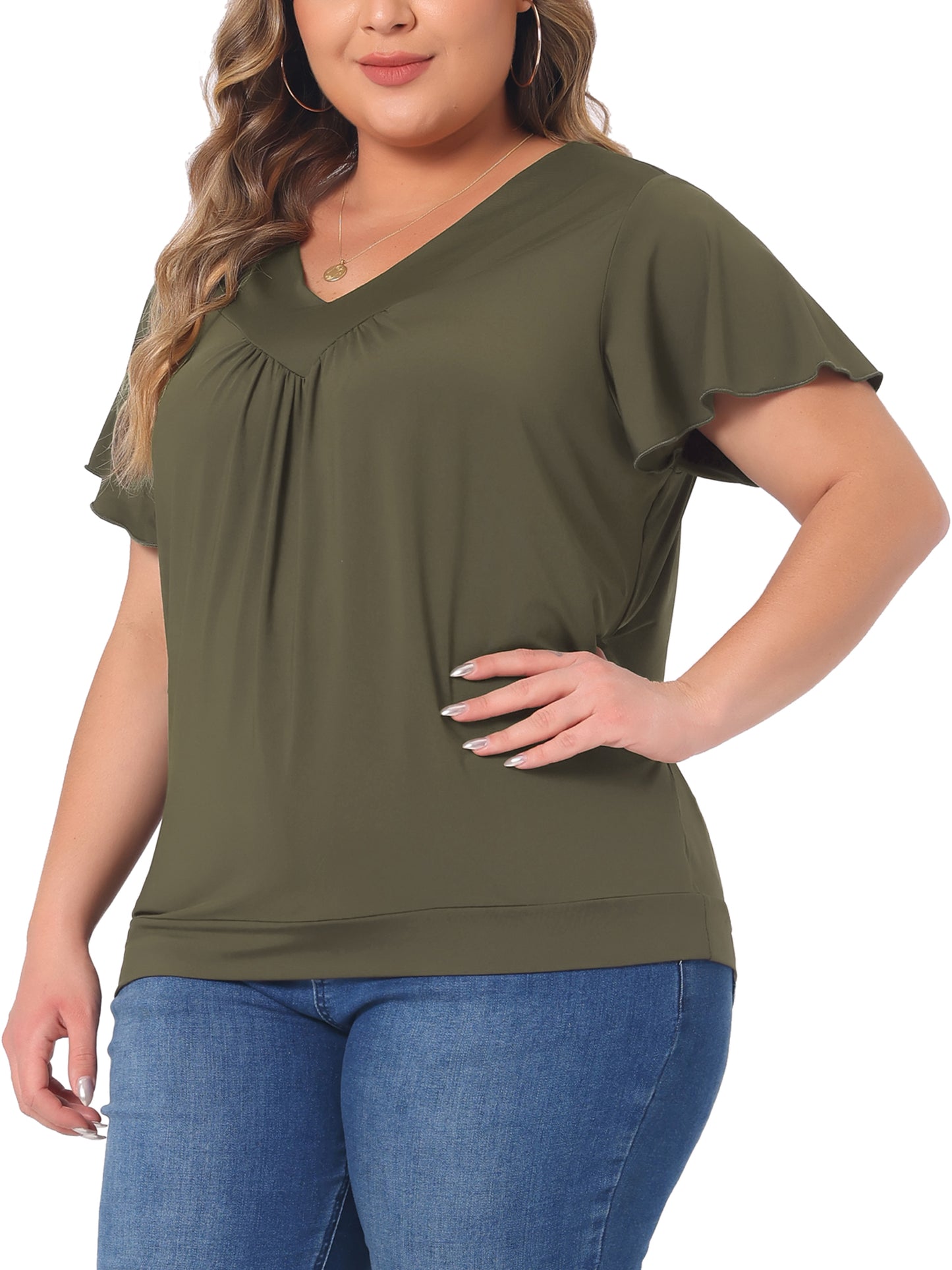 Women Plus Size Top V Neck Ruffle Short Sleeve Blouse Summer Tee Top