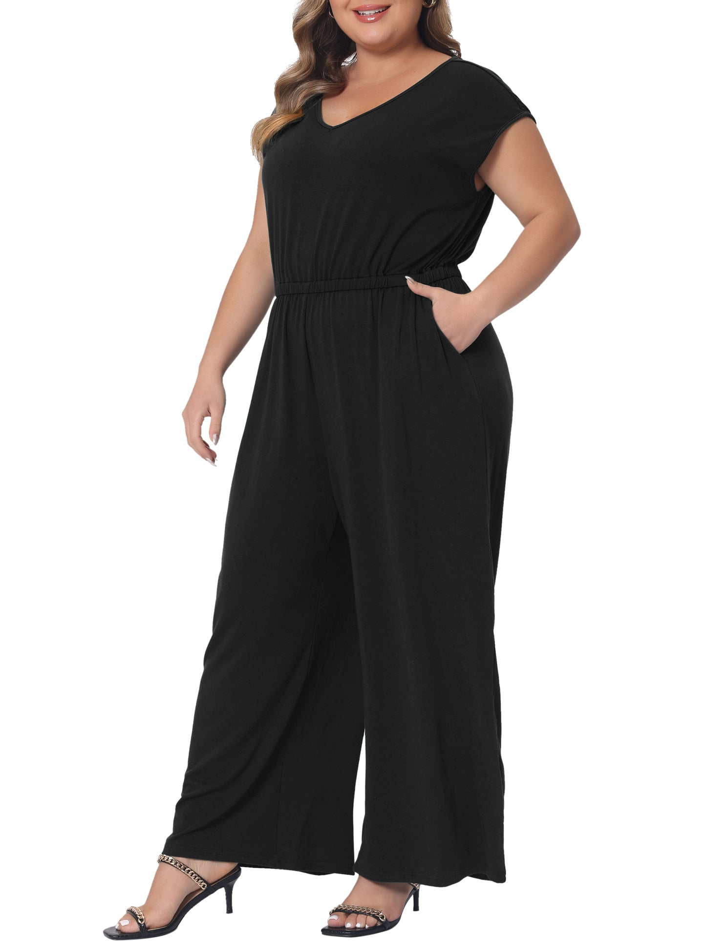 Monos de talla grande para mujer, con cuello en V, piernas anchas, pantalones, sin mangas, con bolsillos