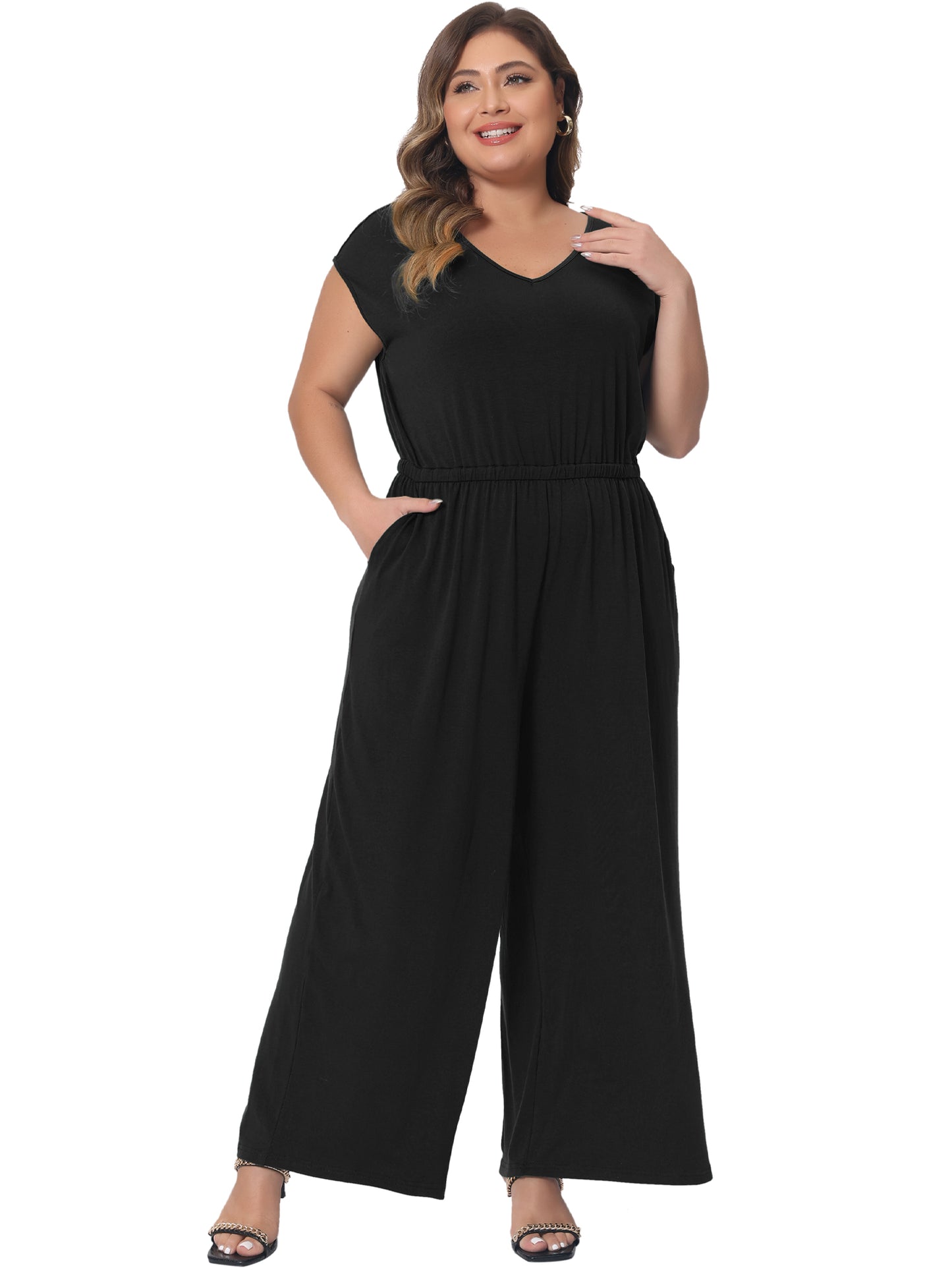 Monos de talla grande para mujer, con cuello en V, piernas anchas, pantalones, sin mangas, con bolsillos