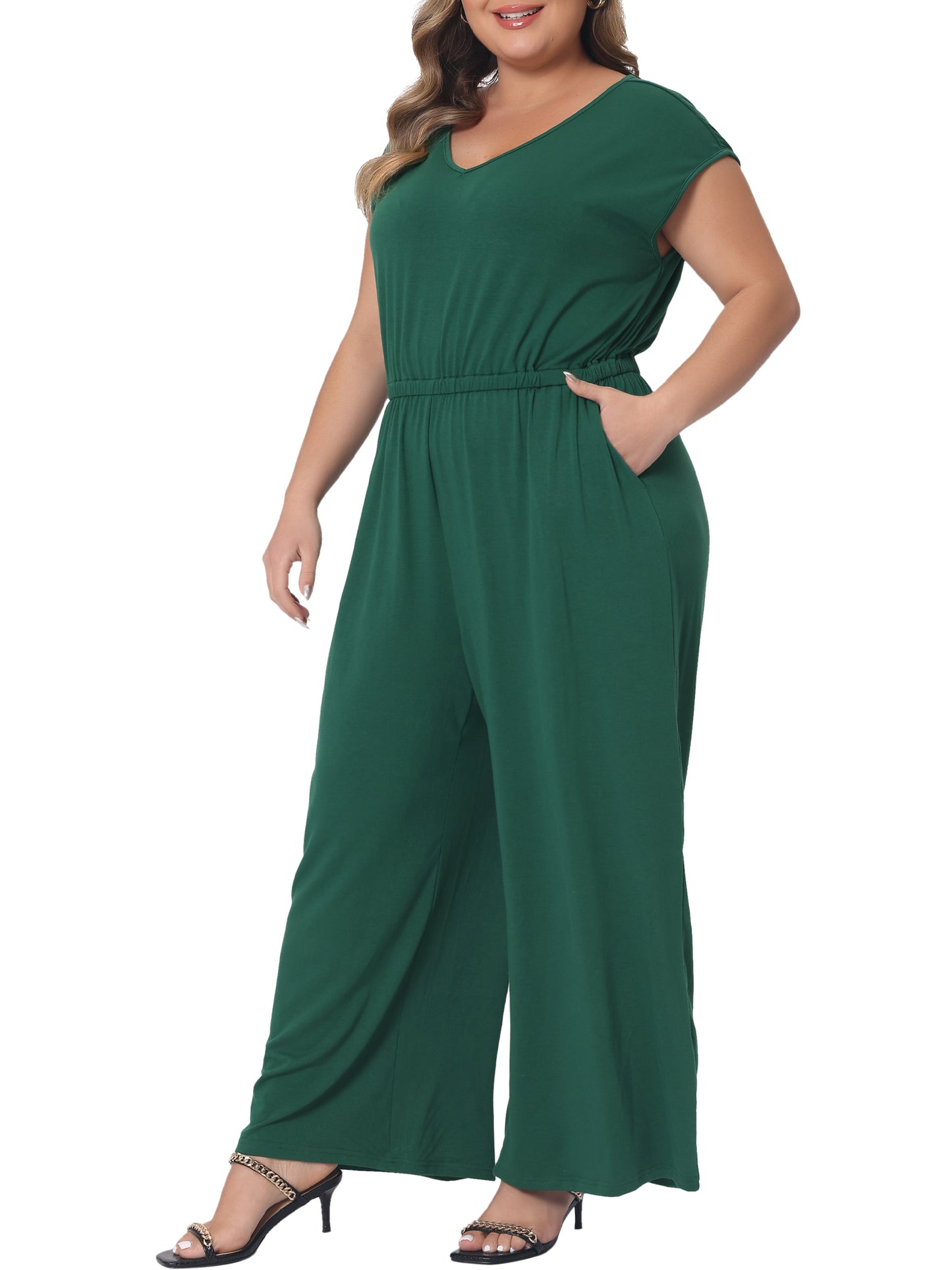 Women Plus Size Overall Rompers V Neck Wide Legs Pants Sleeveless Jumpsuits with Pockets