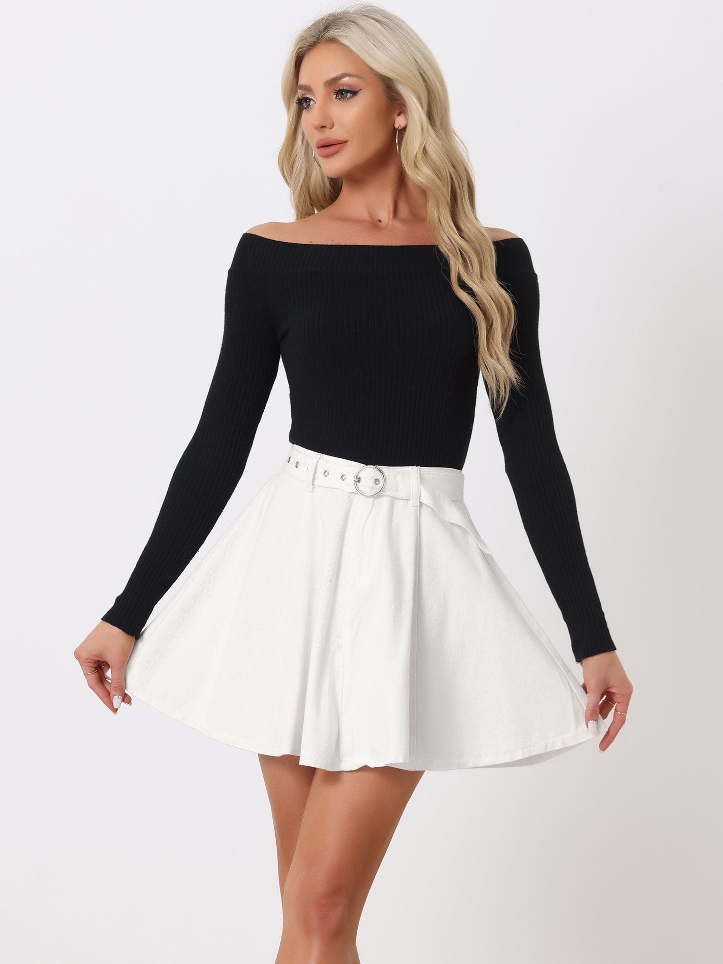 Women's Casual Denim Skirt High Waist A-Line Flared Mini Jean Skirts with Belt