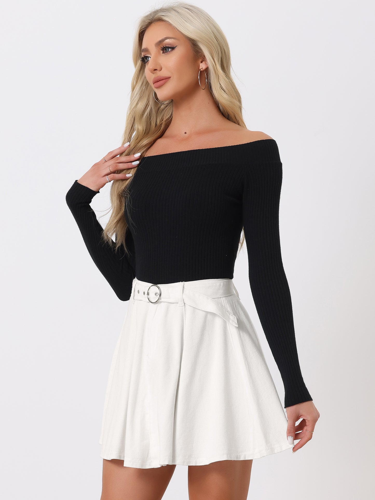 Women's Casual Denim Skirt High Waist A-Line Flared Mini Jean Skirts with Belt