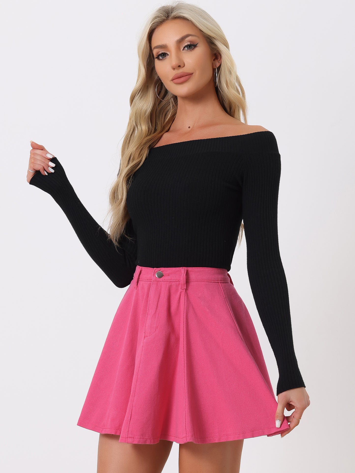 Women's Casual Denim Skirt High Waist A-Line Flared Mini Jean Skirts with Belt