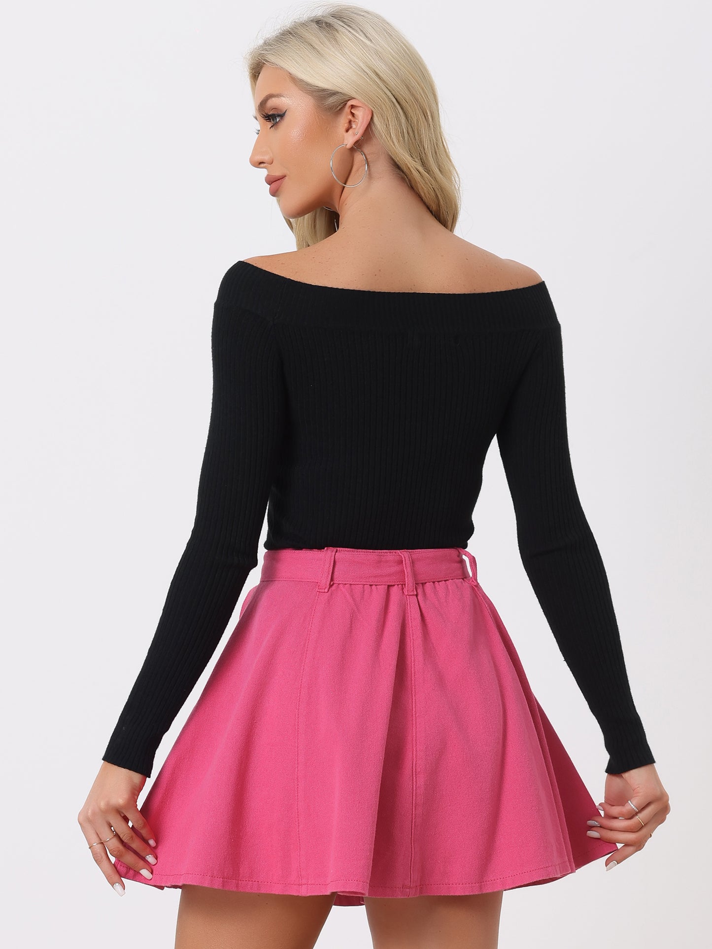 Women's Casual Denim Skirt High Waist A-Line Flared Mini Jean Skirts with Belt