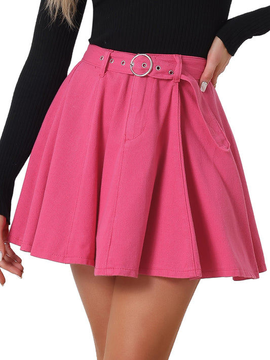 Women's Casual Denim Skirt High Waist A-Line Flared Mini Jean Skirts with Belt