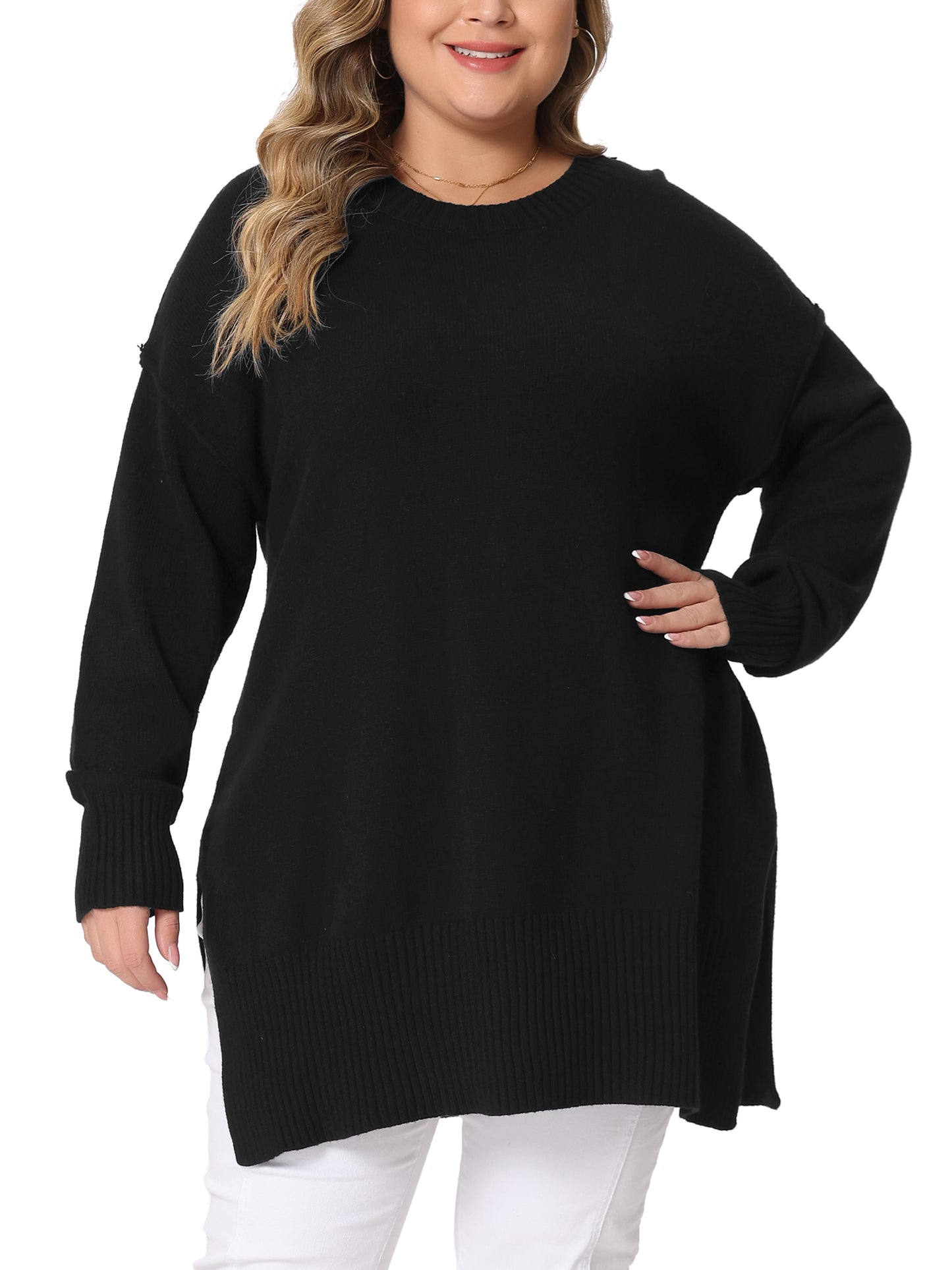 Women Plus Size Sweater Oversized Crew Neck Long Sleeve Slit hem Knit Pullover Sweater Tops