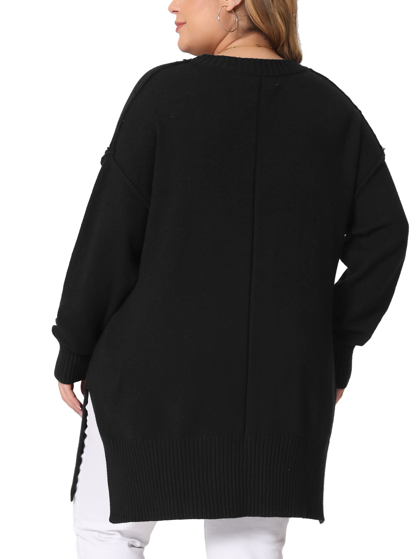 Women Plus Size Sweater Oversized Crew Neck Long Sleeve Slit hem Knit Pullover Sweater Tops