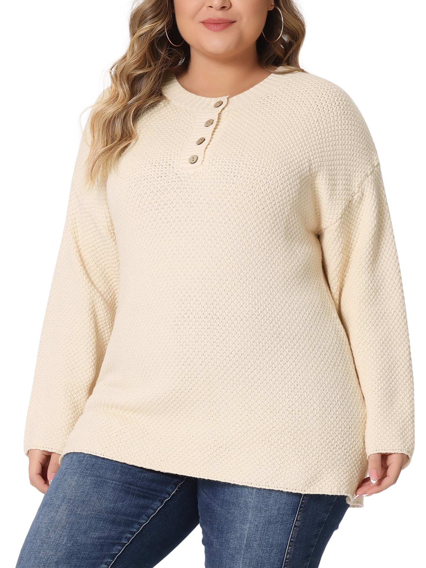 Women Plus Size Sweater Oversized Round Neck Long Sleeve Button Knit Pullover Sweater Tops