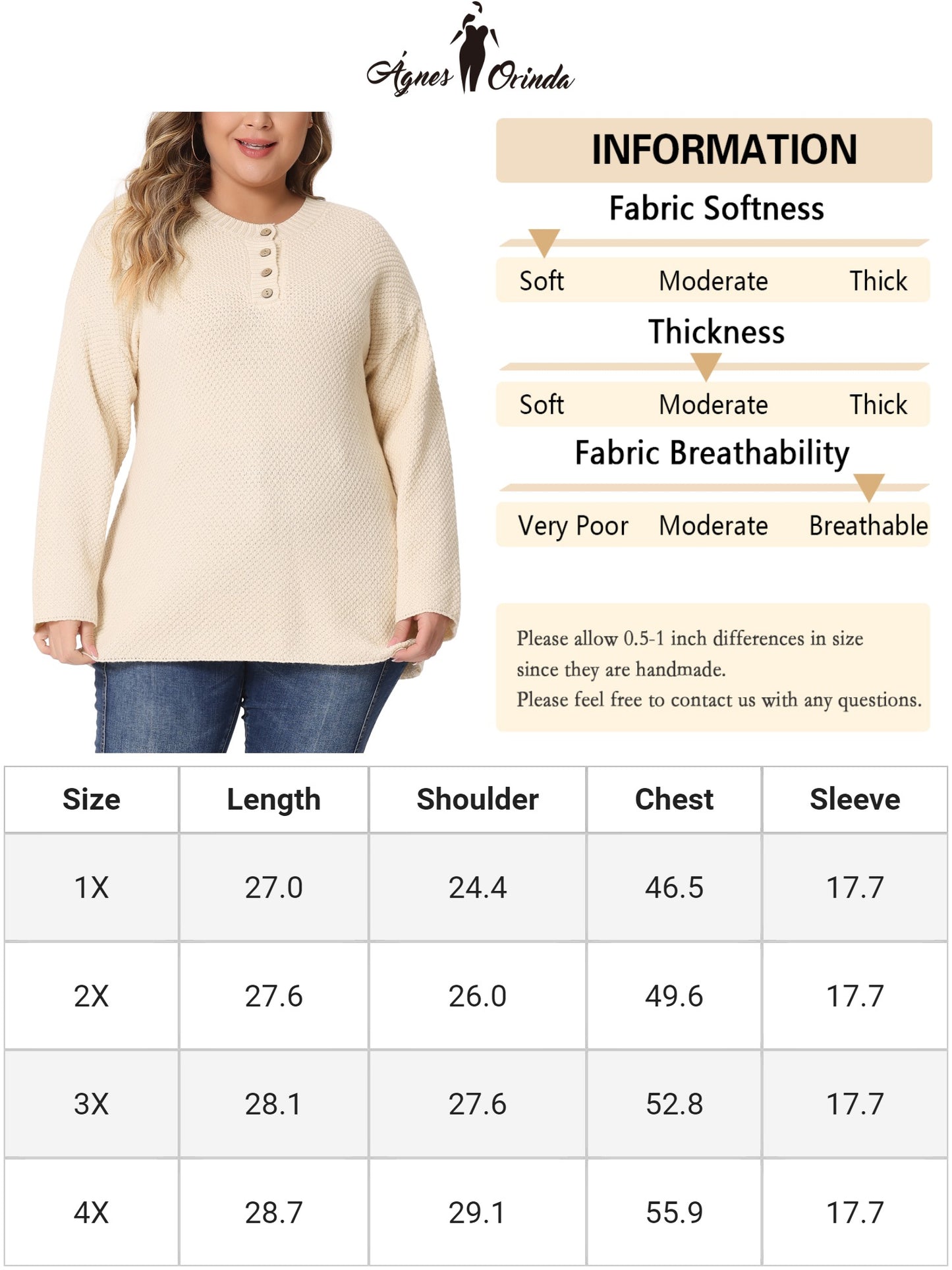 Women Plus Size Sweater Oversized Round Neck Long Sleeve Button Knit Pullover Sweater Tops