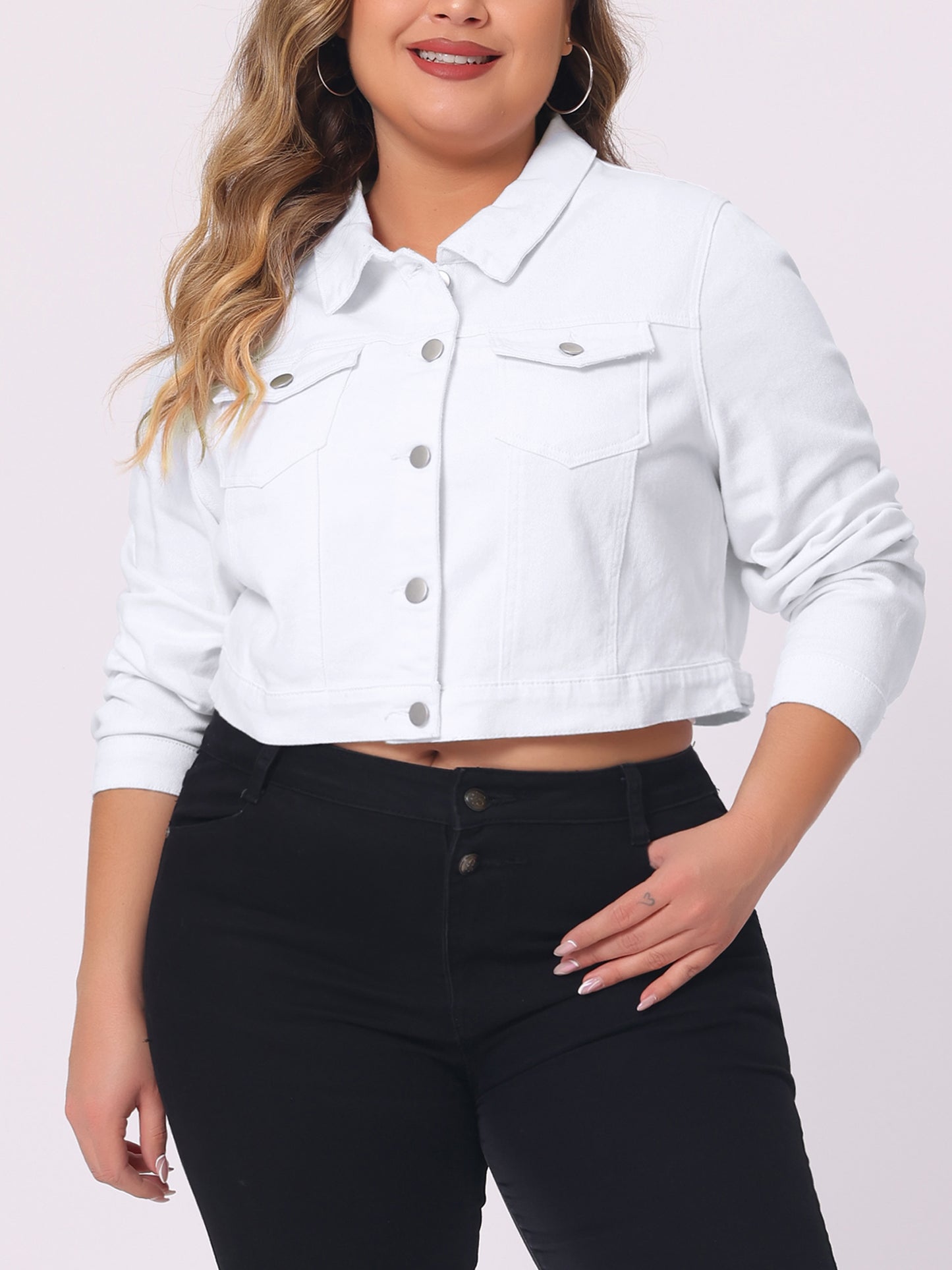 Women's Plus Size Button Closed Cropped Stitching Denim Jacket