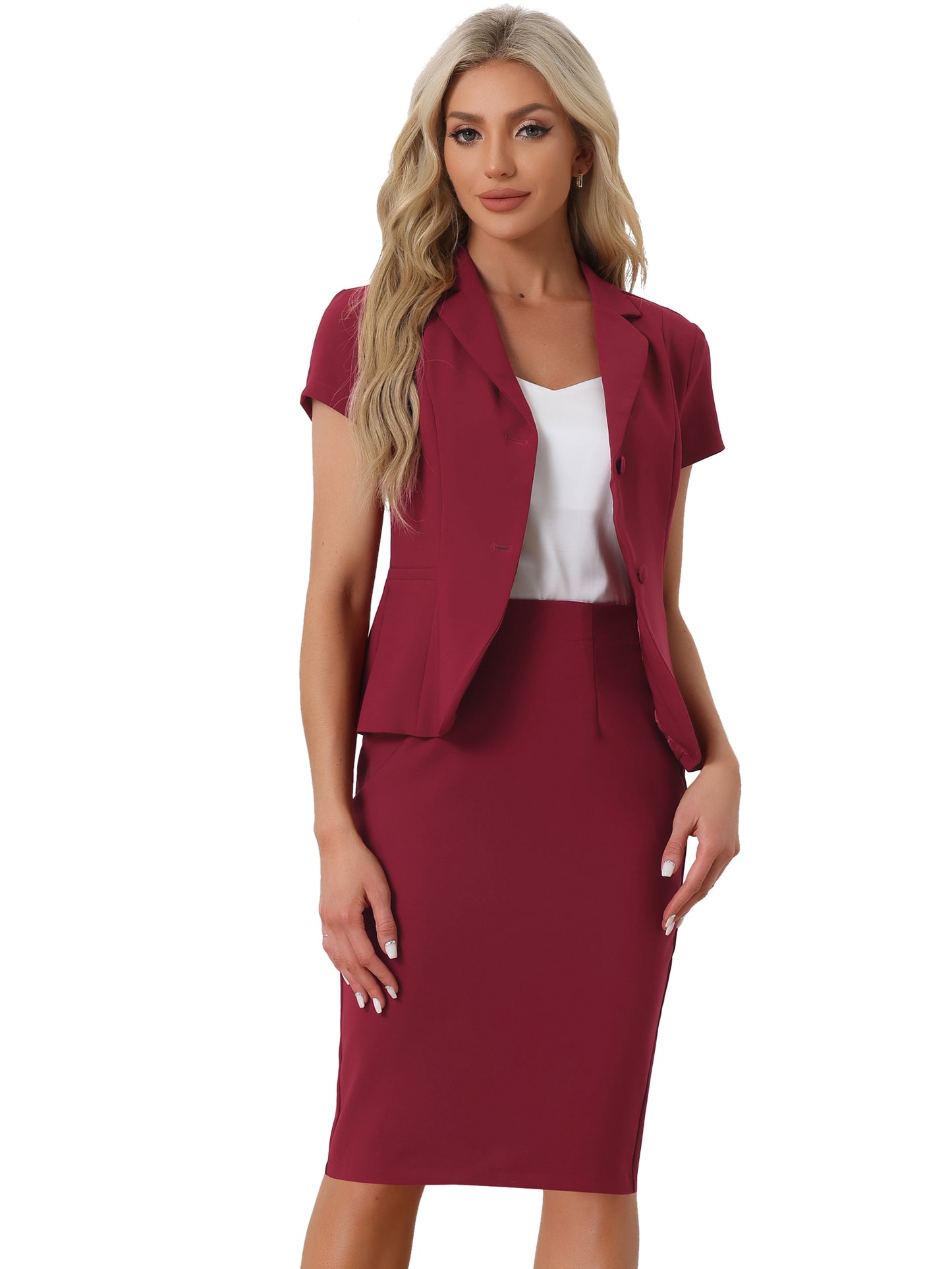 Women's Business Skirt Suit Set Work Office Short Sleeve Blazer Jacket Pencil Skirt (Available in Plus Size)