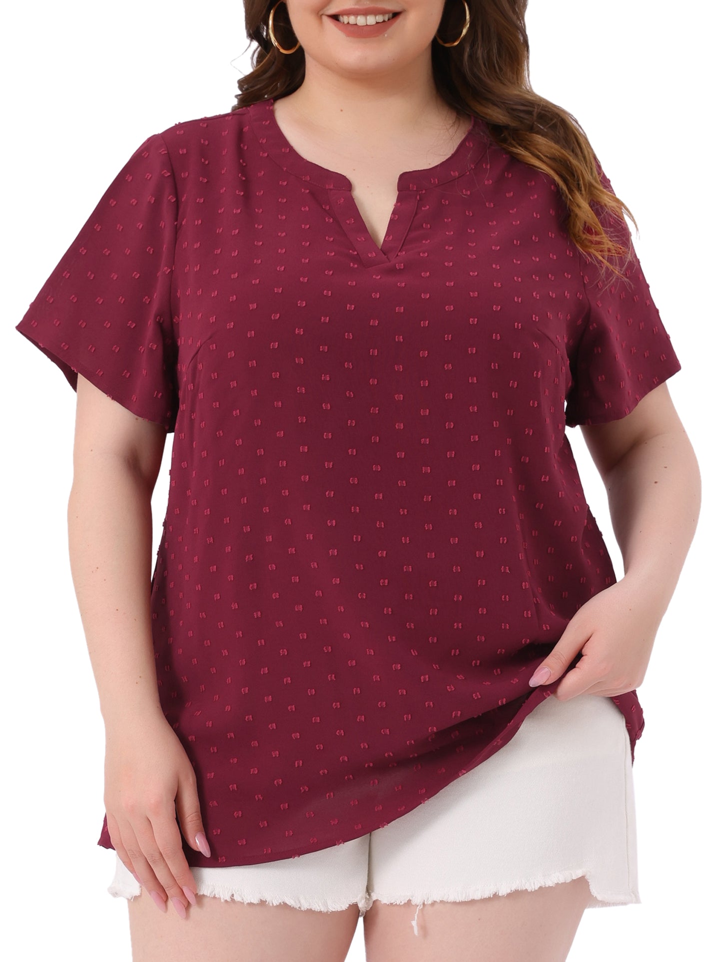 Women Plus Size Summer Top Swiss Dots Notched Neck Short Sleeve Blouse