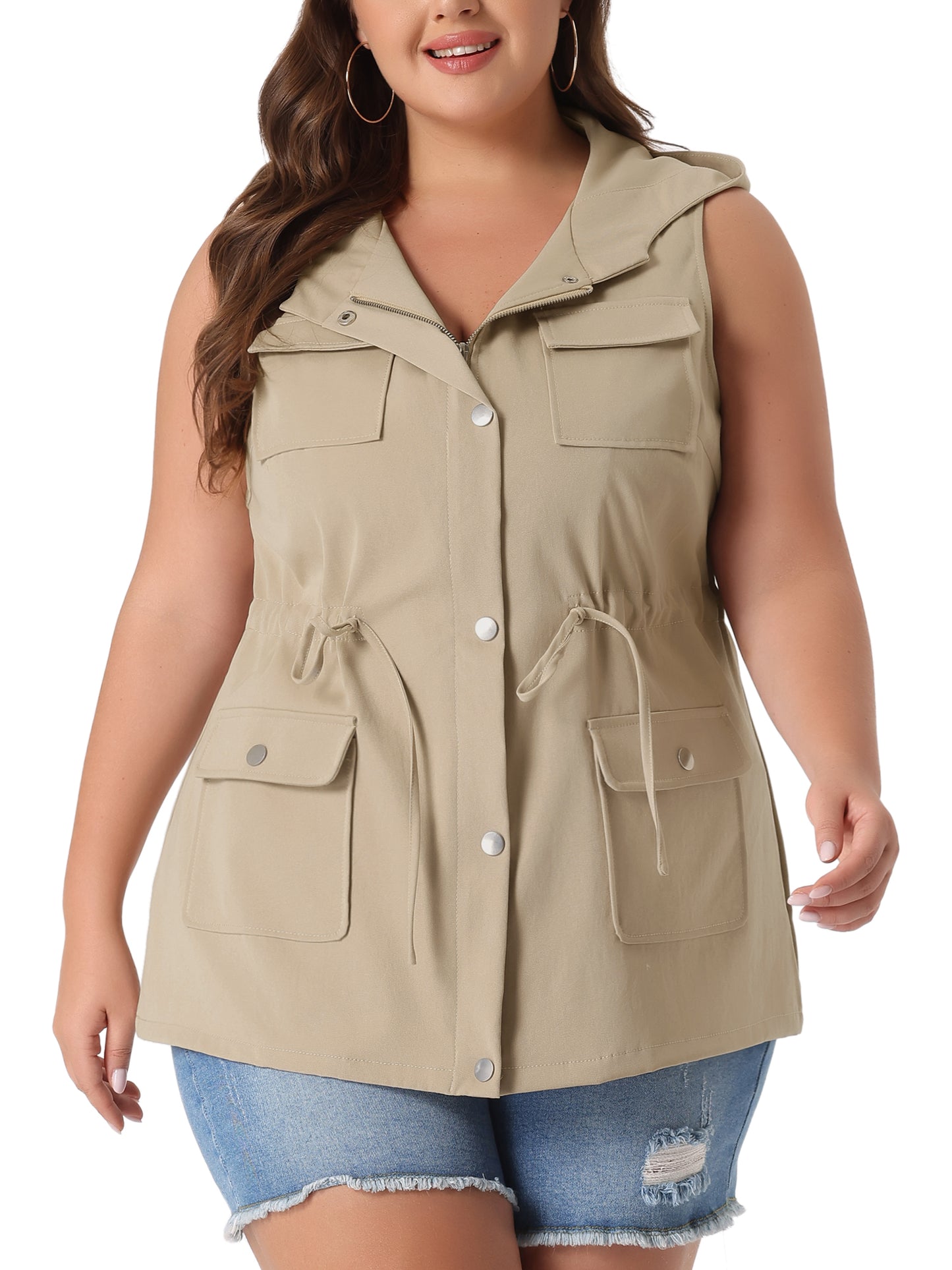 Women Plus Size Anorak Utility Vest Drawstring Lightweight Sleeveless Cargo Hooded Jacket