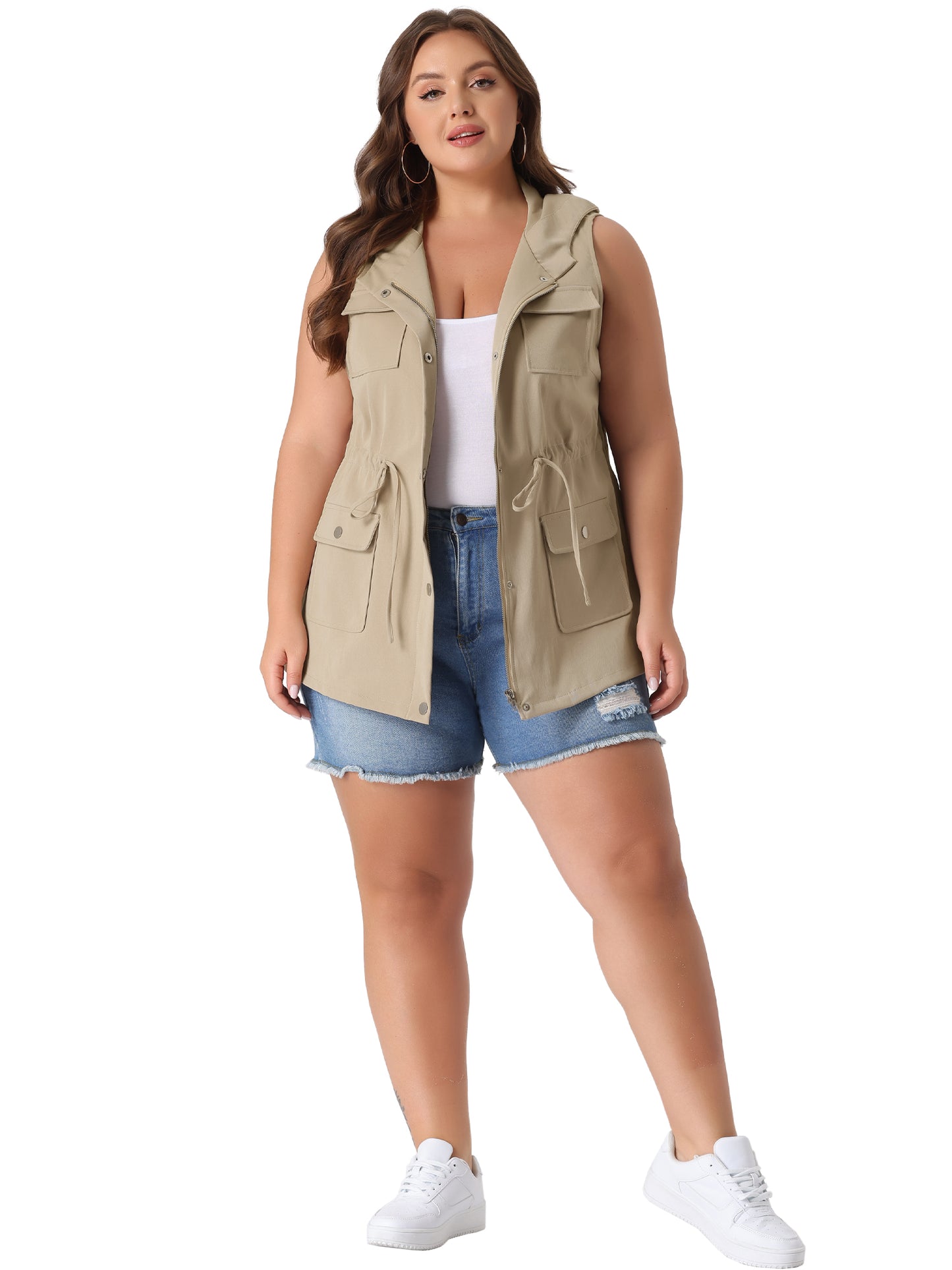 Women Plus Size Anorak Utility Vest Drawstring Lightweight Sleeveless Cargo Hooded Jacket