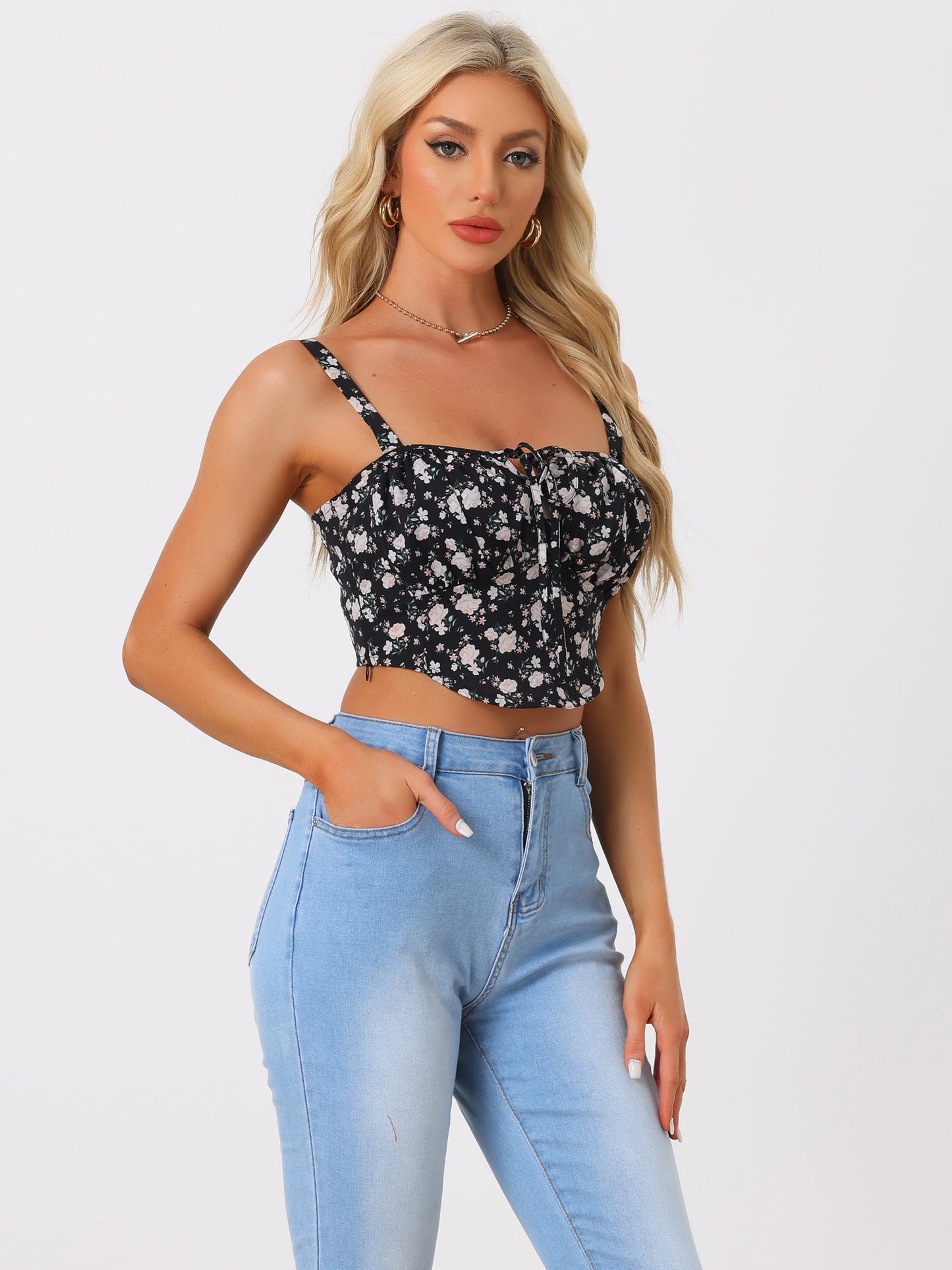 Women's Floral Cropped Summer Spaghetti Straps Sleeveless Smocked Cami Top