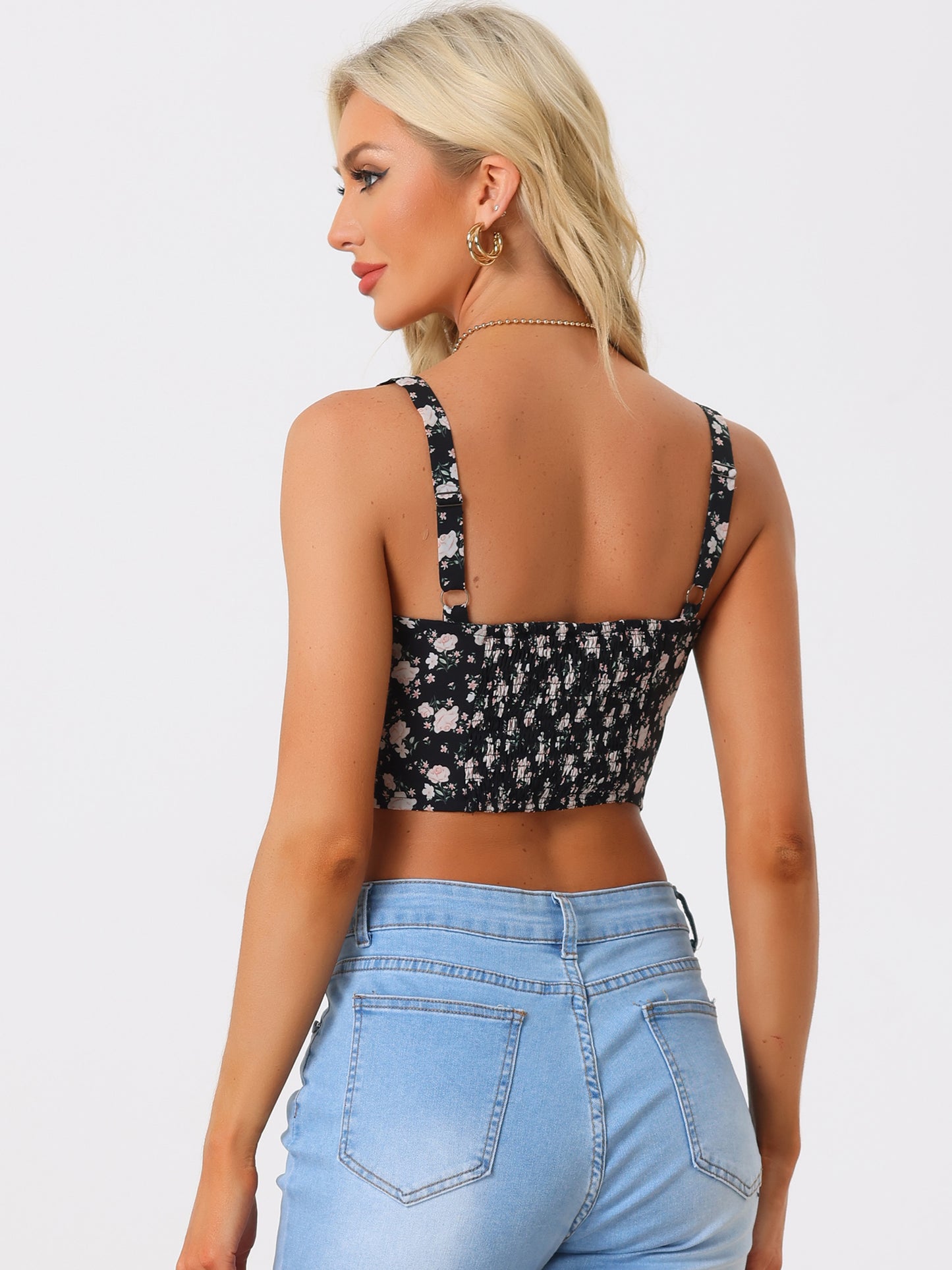 Women's Floral Cropped Summer Spaghetti Straps Sleeveless Smocked Cami Top