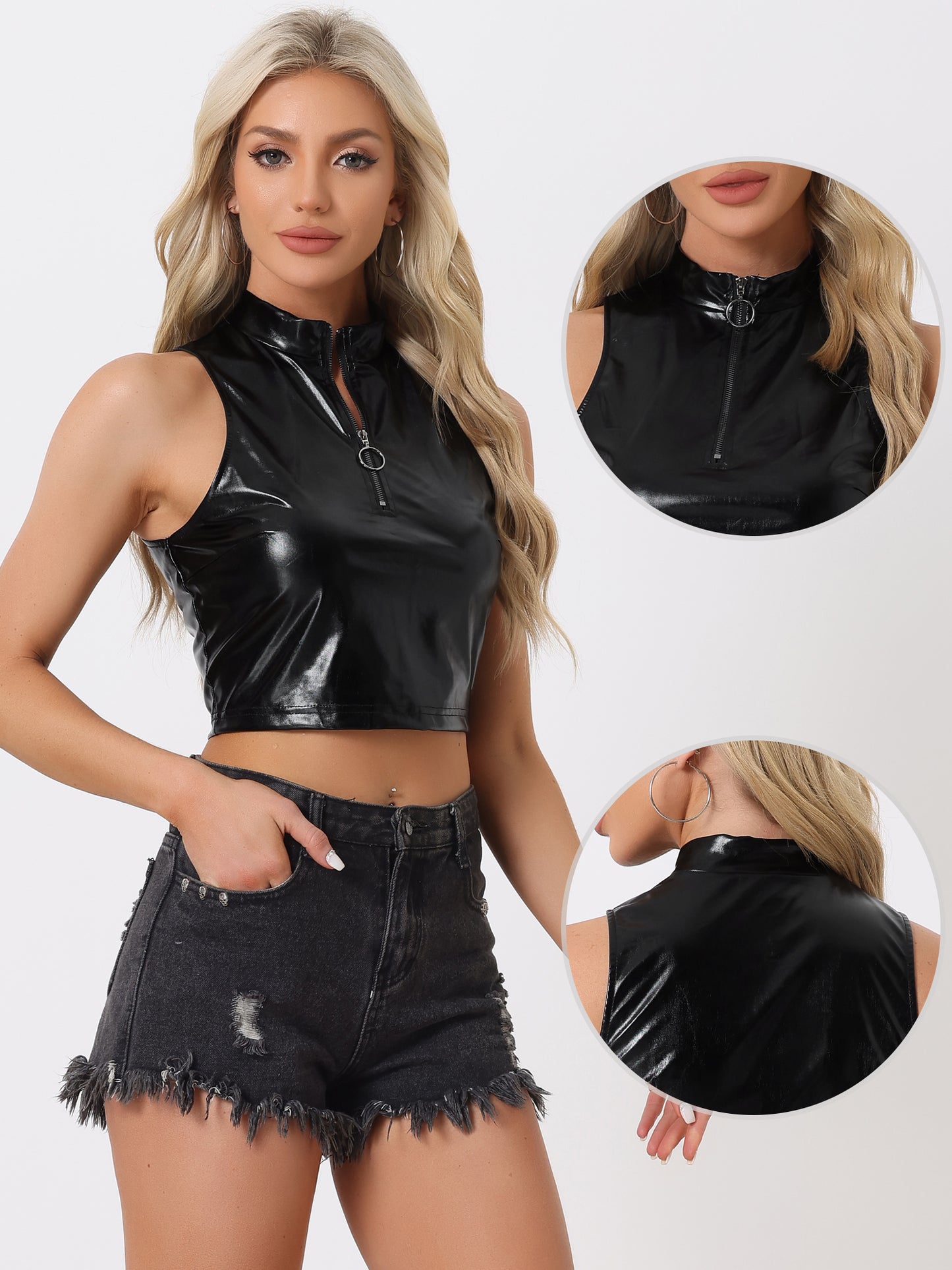 Women's Metallic Crop Top Mock Neck Zip Up Sleeveless Shiny Holographic Tank Top